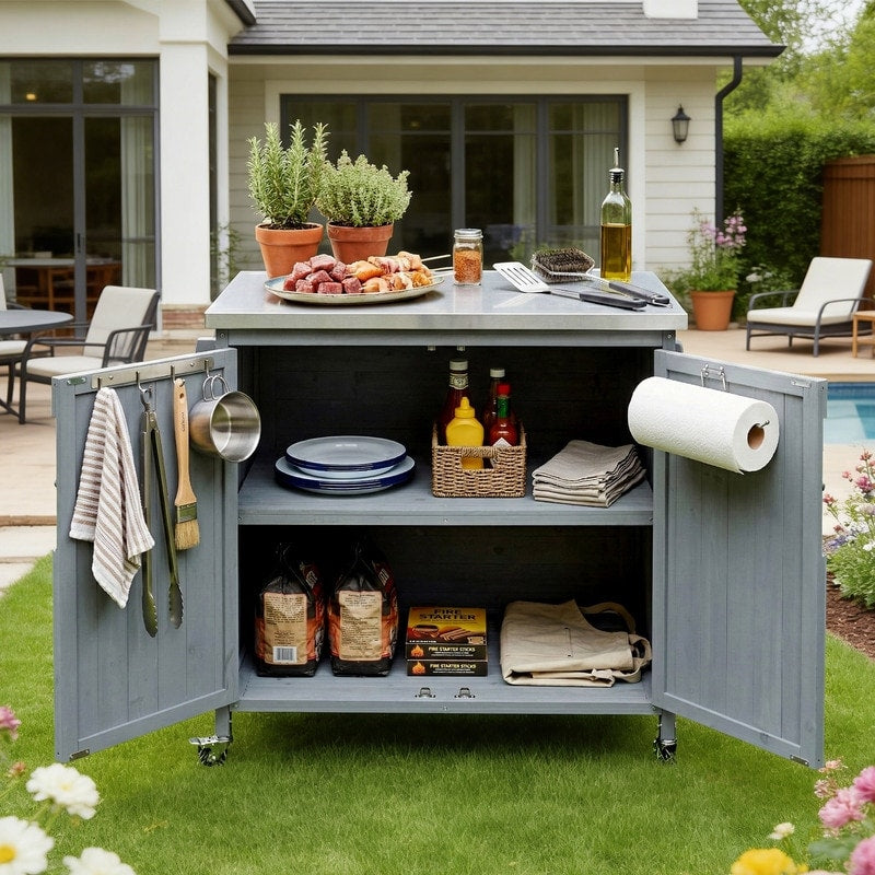 42.1 Outdoor Kitchen Island With Stainless Steel Top Outdoor Grill Cart With Storage Cabinet And Adjustable Shelf