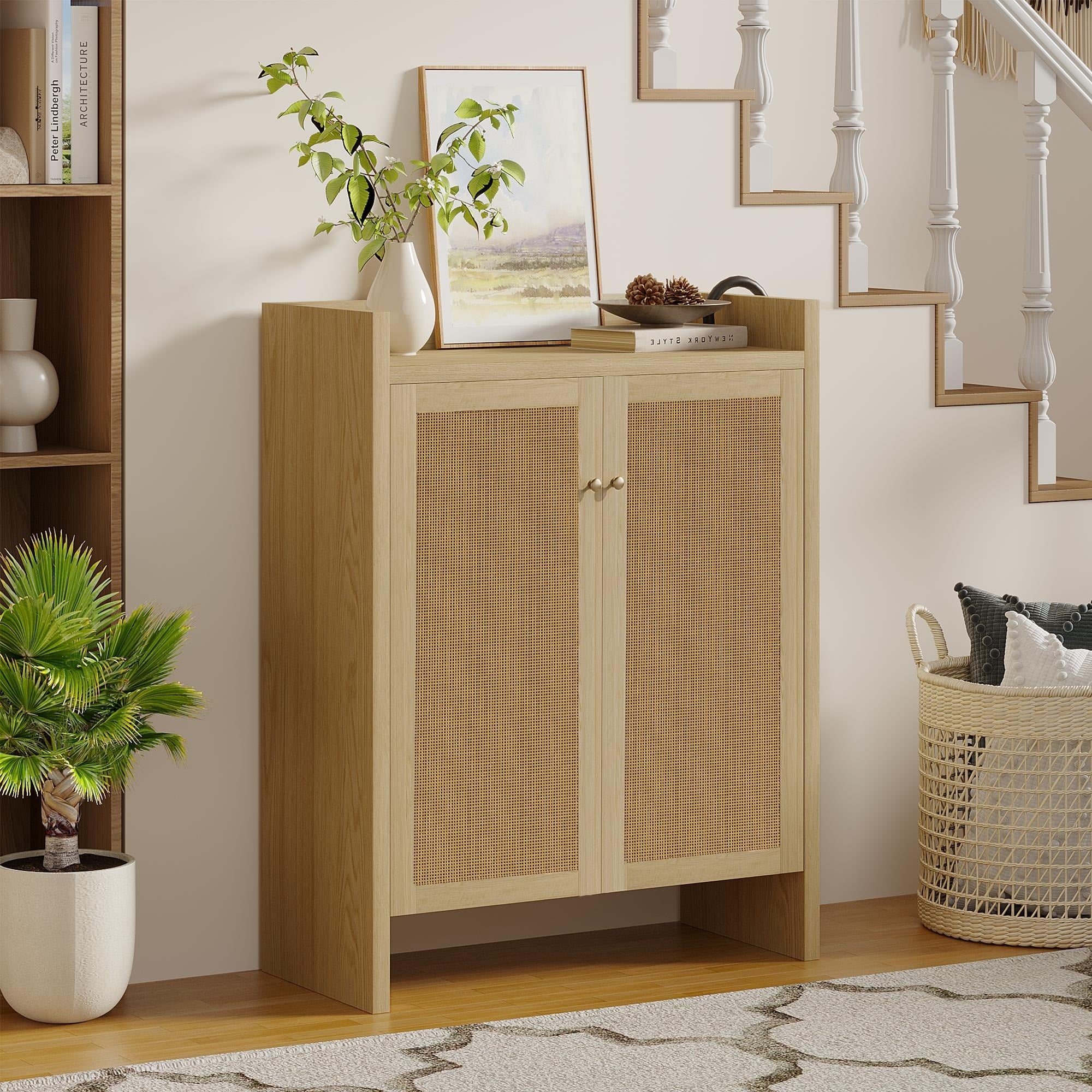 42.5 Tall Rattan Shoe Cabinet With Doors 6 Tier Shoe Storage Cabinet With Adjustable Shelves Wooden Freestanding Shoe Cabinet