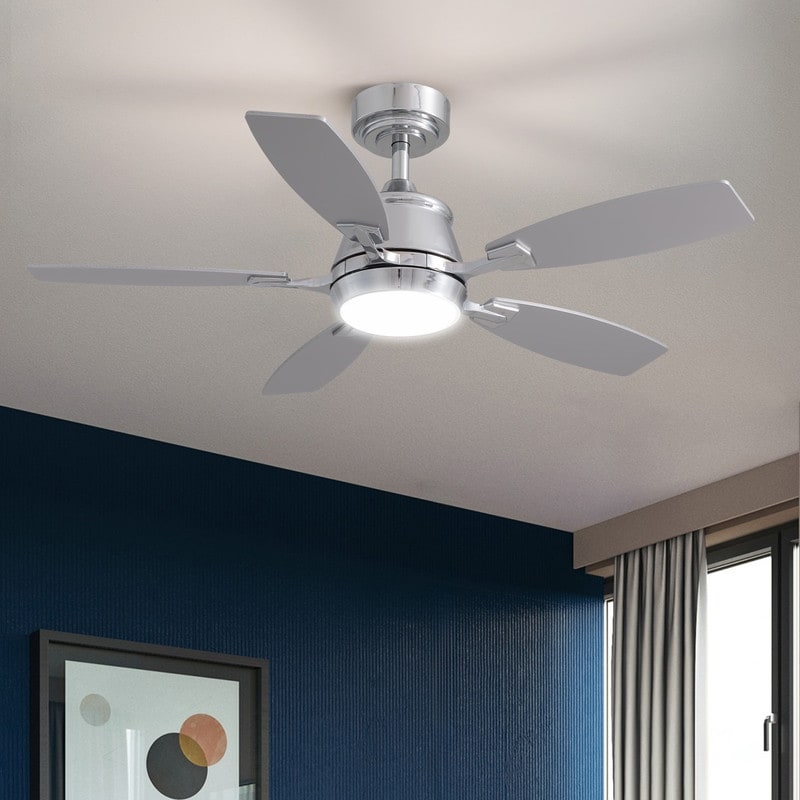 42Inch Modern Chrome Low Profile Ceiling Fans With Light Indoor Dimmable Downrod Ceiling Fan With Light And Remote 41.73In.