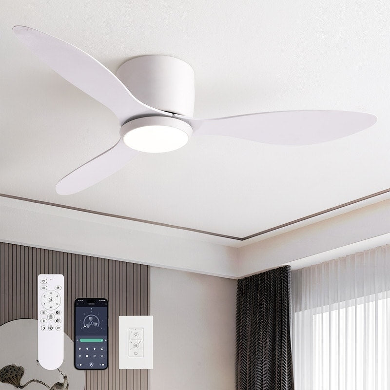 42 52Inch Modern White Flush Mount Ceiling Fan With Dimmable Led Light Remote App Wall Control Included For Living Room
