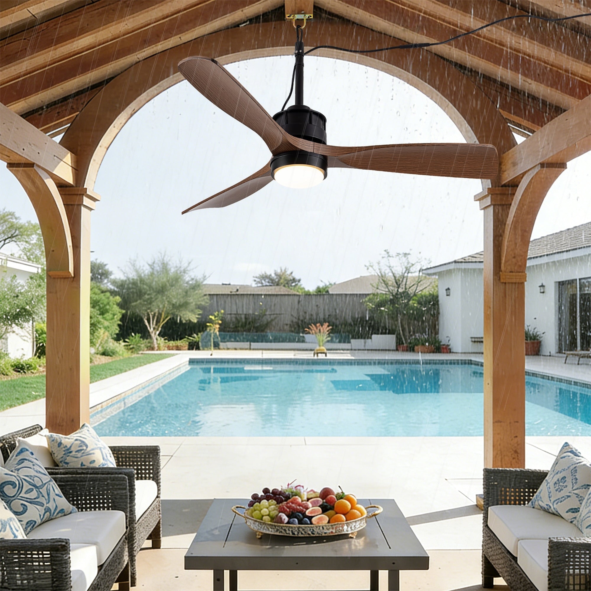 42Inch Outdoor Ceiling Fan With Led Light Remote Control Quiet Dc Motor 6 Speed Levels Adjust Height Reversible 42 Inches