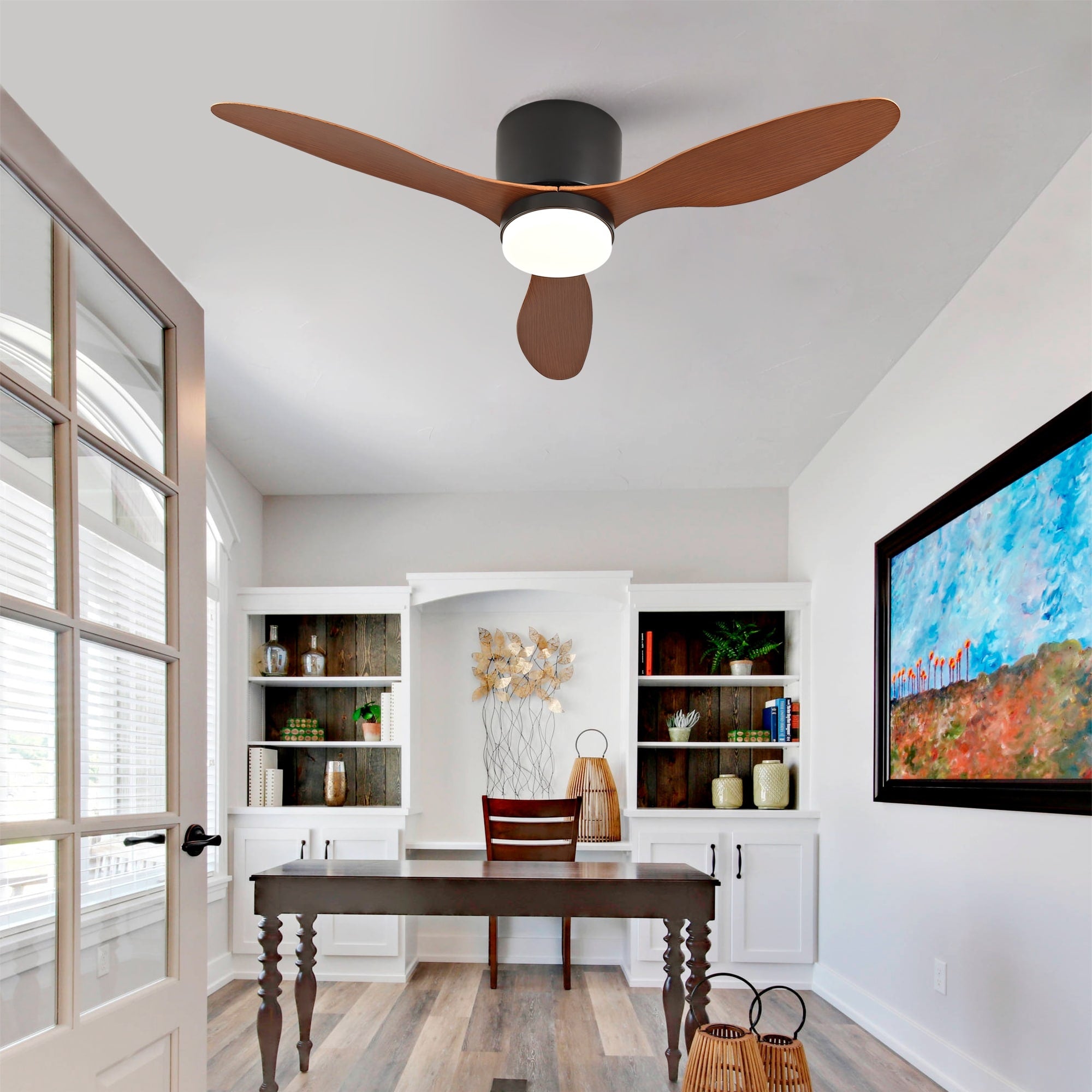 42 Black Flush Mount Ceiling Fan With Remote And 6 Speeds