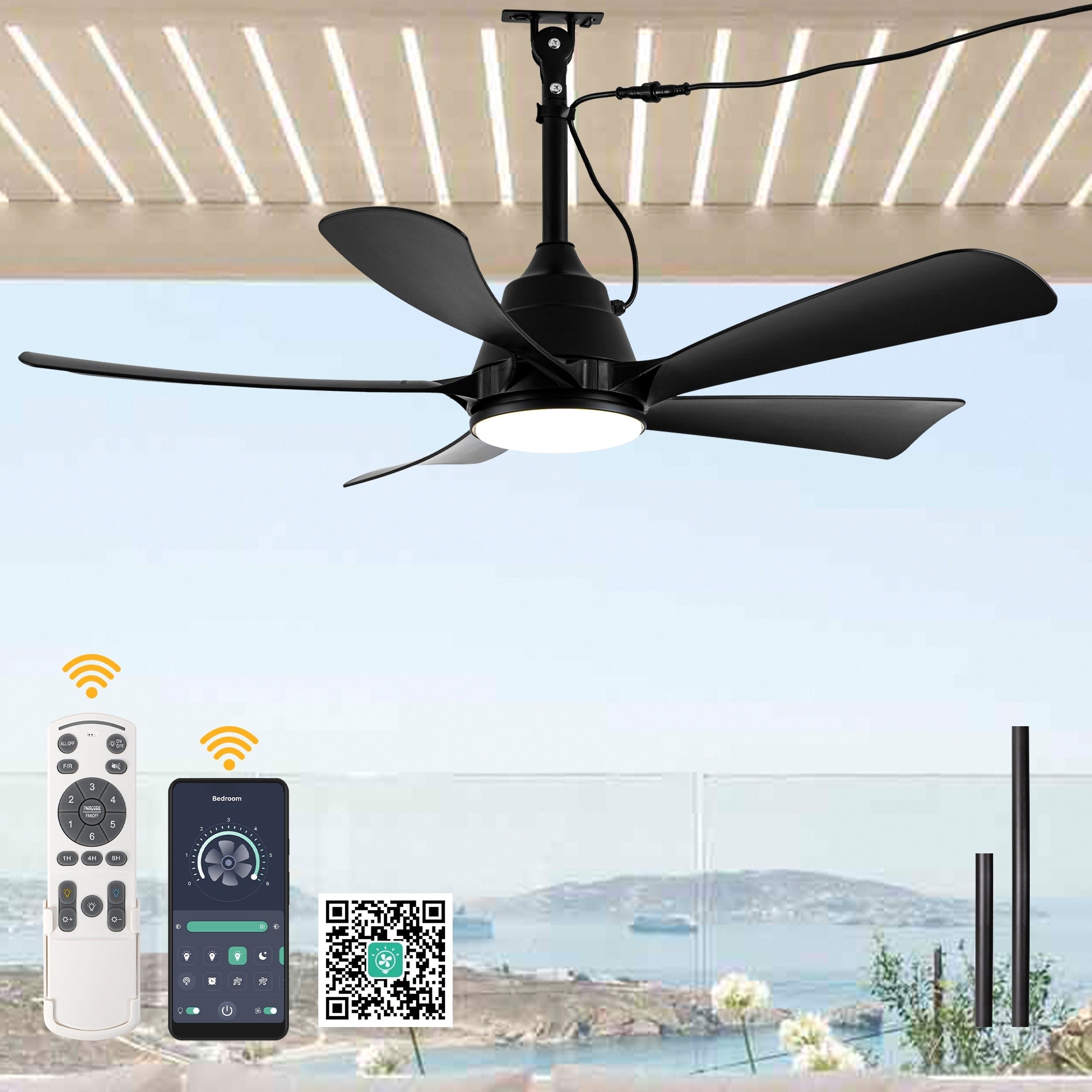 42 Black Outdoor Ceiling Fan With Light And Remote 5 Blade 6 Speed Dc Motor 42 Inches