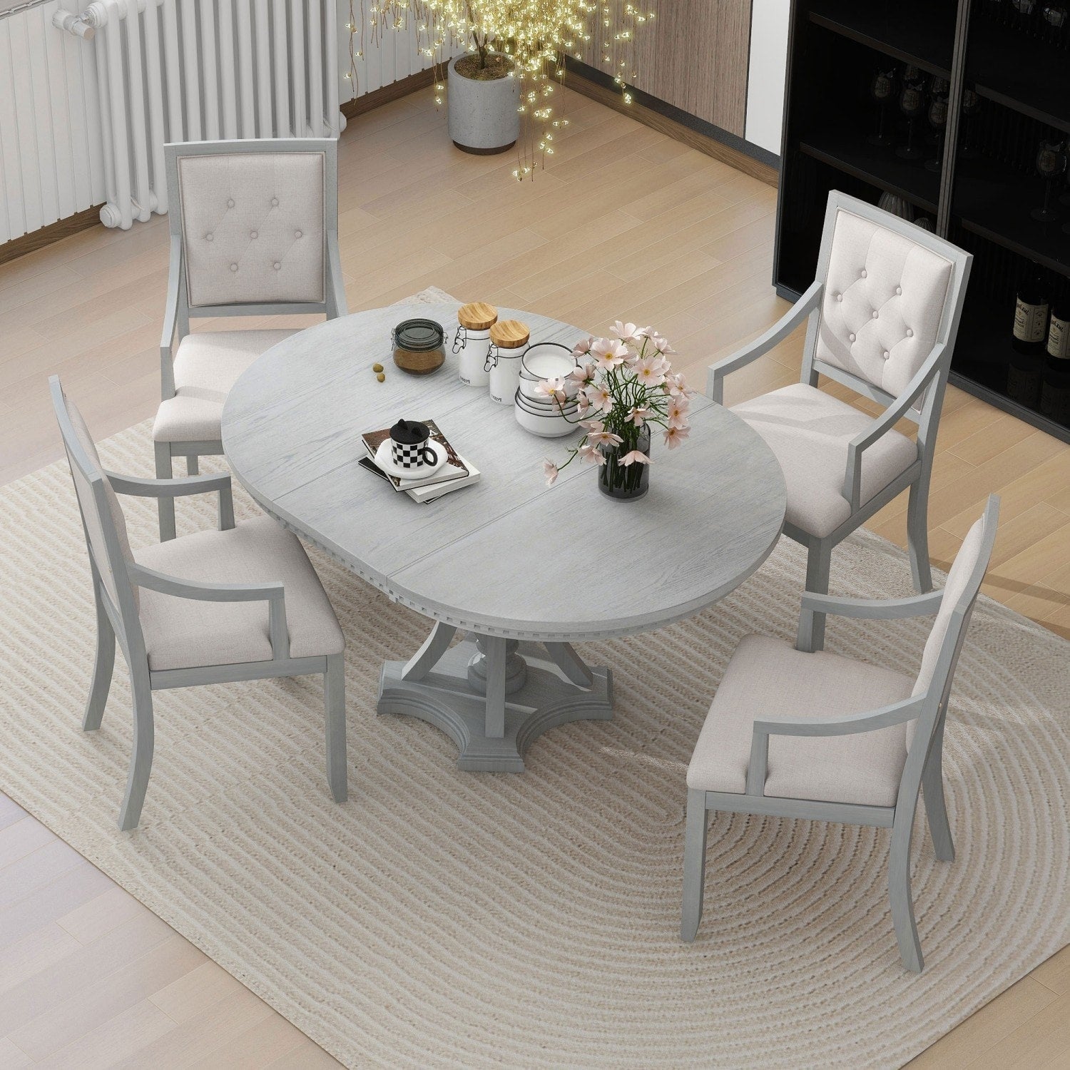 42 Extendable Round Dining Table And 4 Upholostered Chairs 5 Piece Set