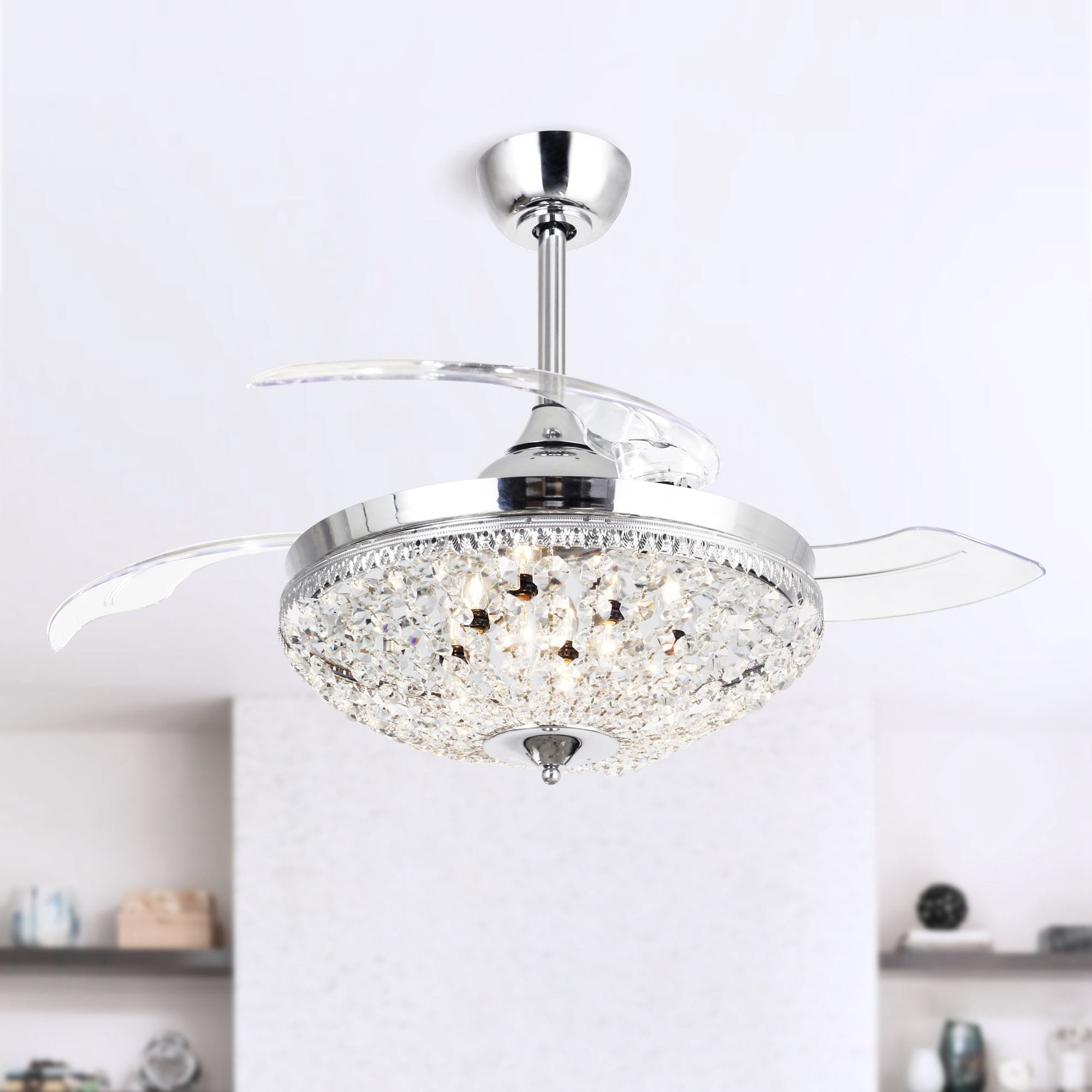 Modern Chrome 42 Inch Crystal Ceiling Fan 6 Light Chandelier