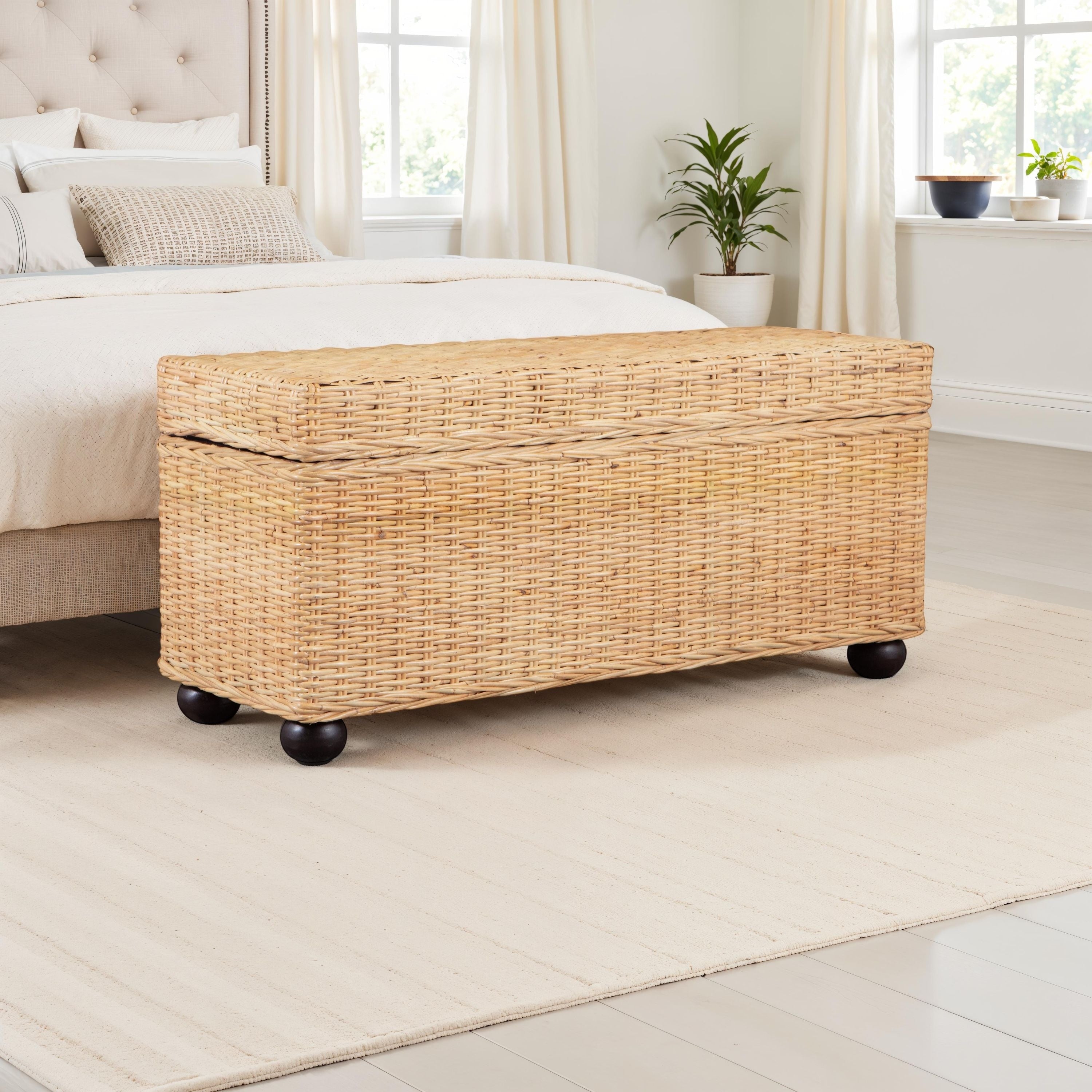 42 Natural Rattan Solid Mahogany Lift Top Storage Trunk