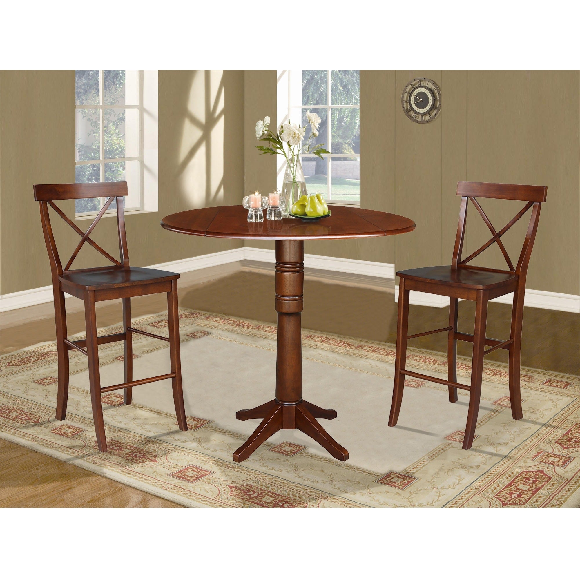 42 Round Pedestal Bar Height Table And Two Stools Espresso