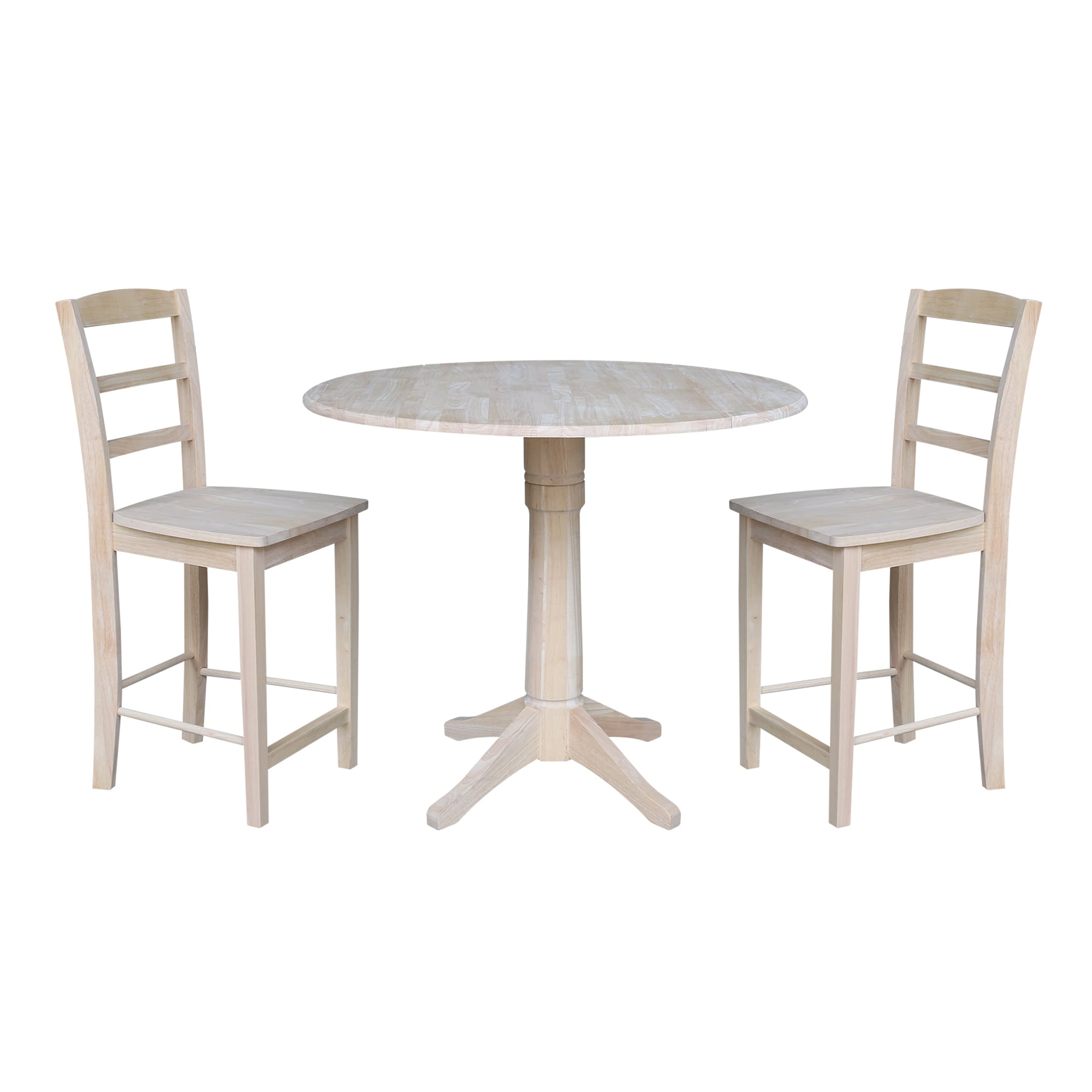 42 Round Pedestal Counter Height Table With Two Madrid Stools Unfinished