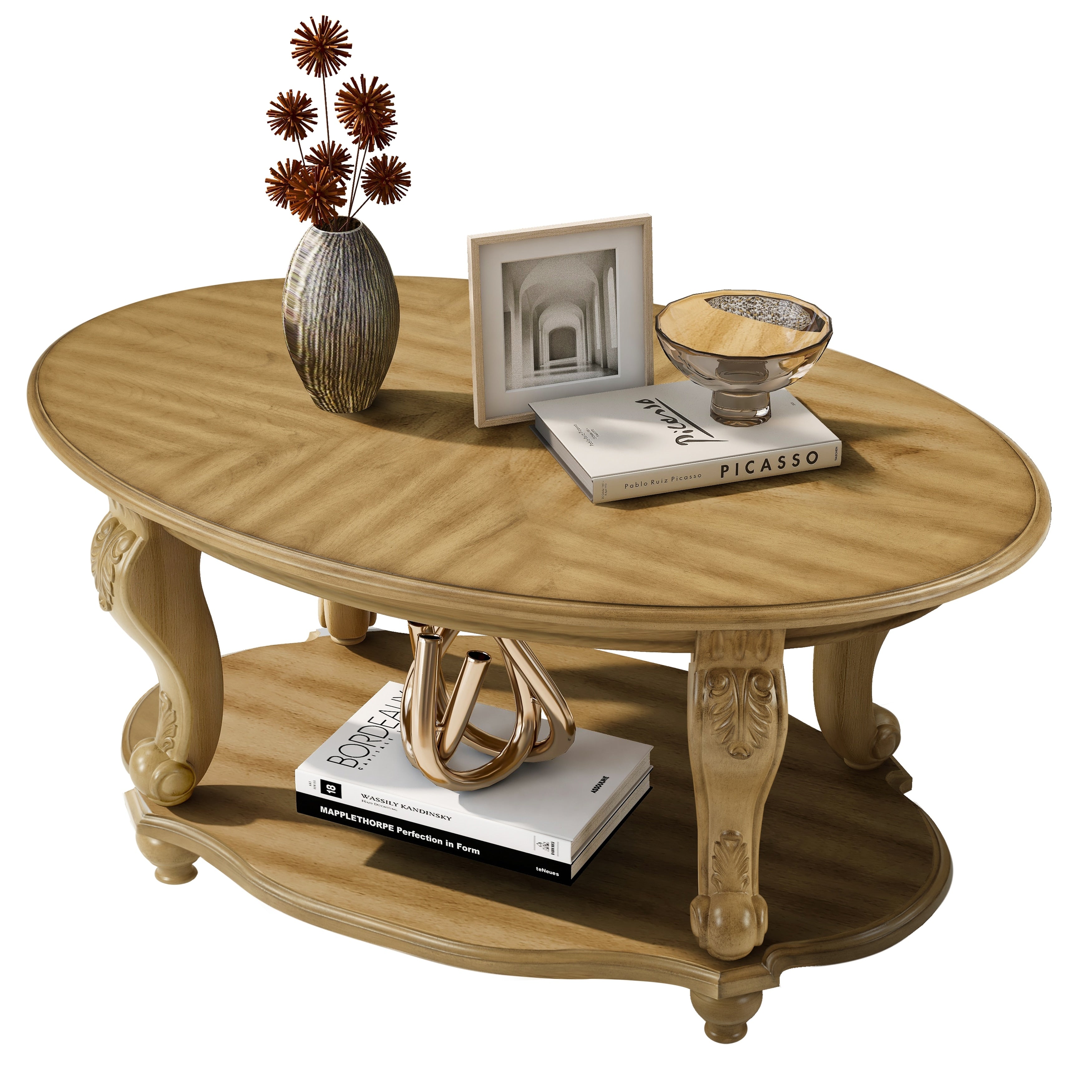 42 Oval Wood Coffee Table For Living Room 2 Tier Solid Wood Cocktail Table With Open Storage Shelf Antique Natural