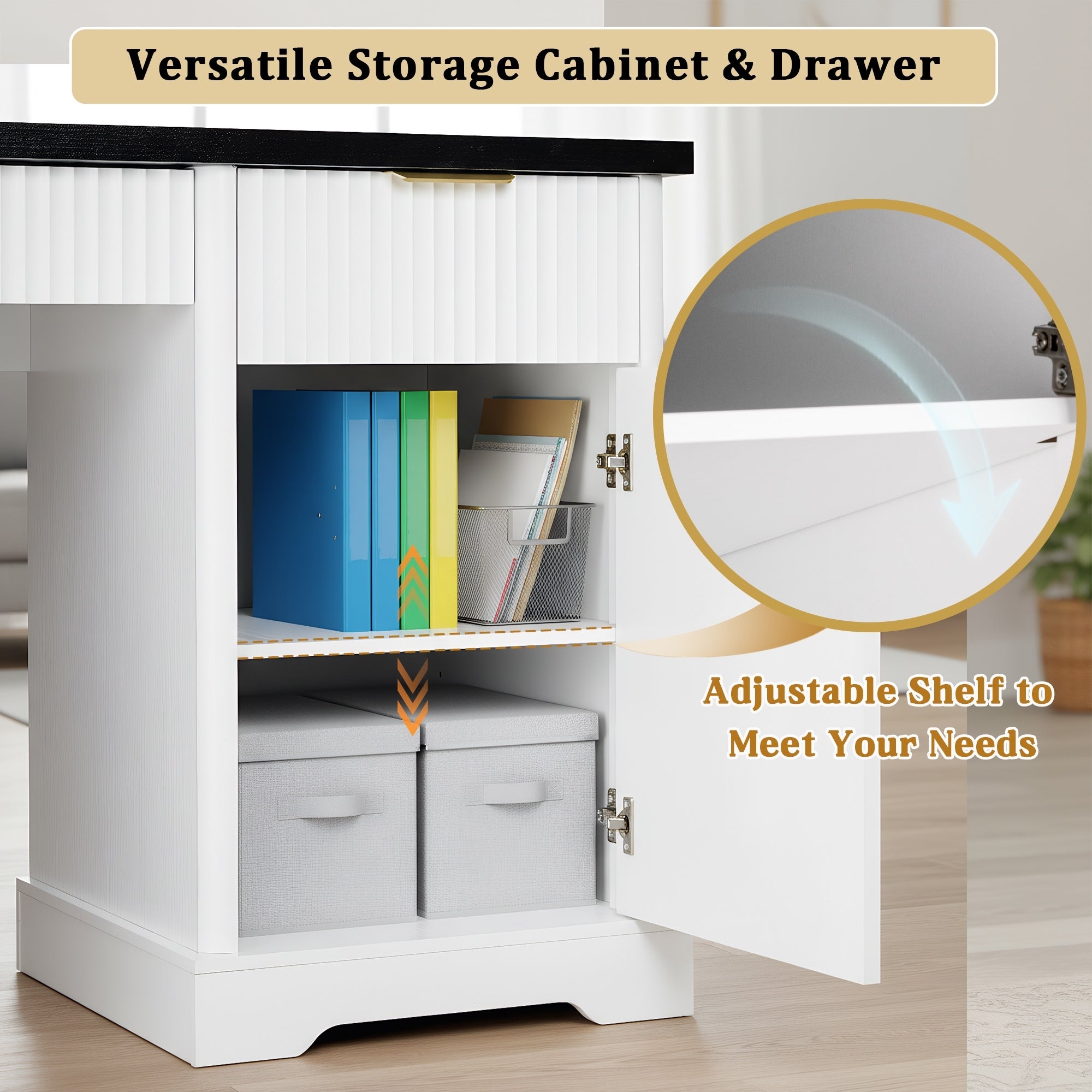 43 Inch Computer Desk With 90 Degree Rotating Desktop Office Desk With Drawer Cabinets And Shelves For Home Office
