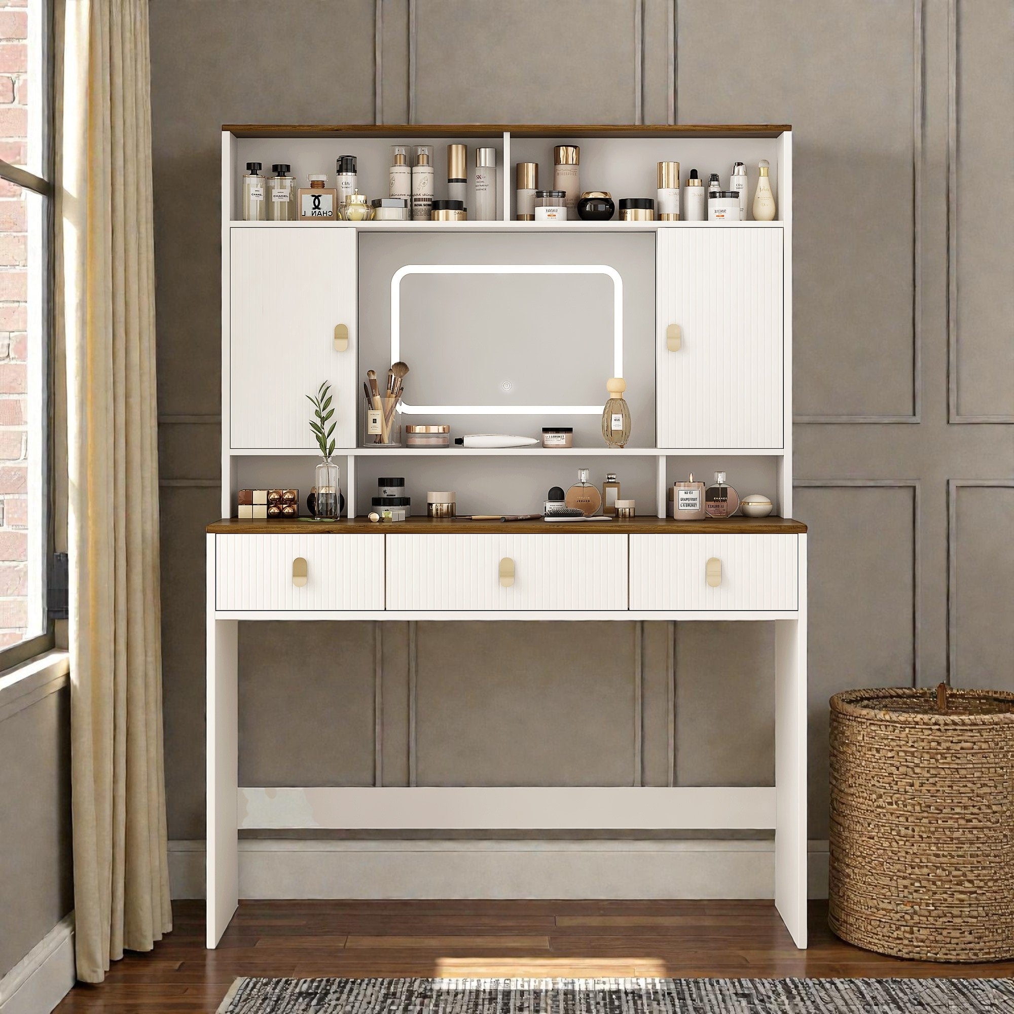 43 Inch Farmhouse Makeup Vanity Table With Lighted Mirror 3 Drawers And Hair Dryer Holder For Bedroom