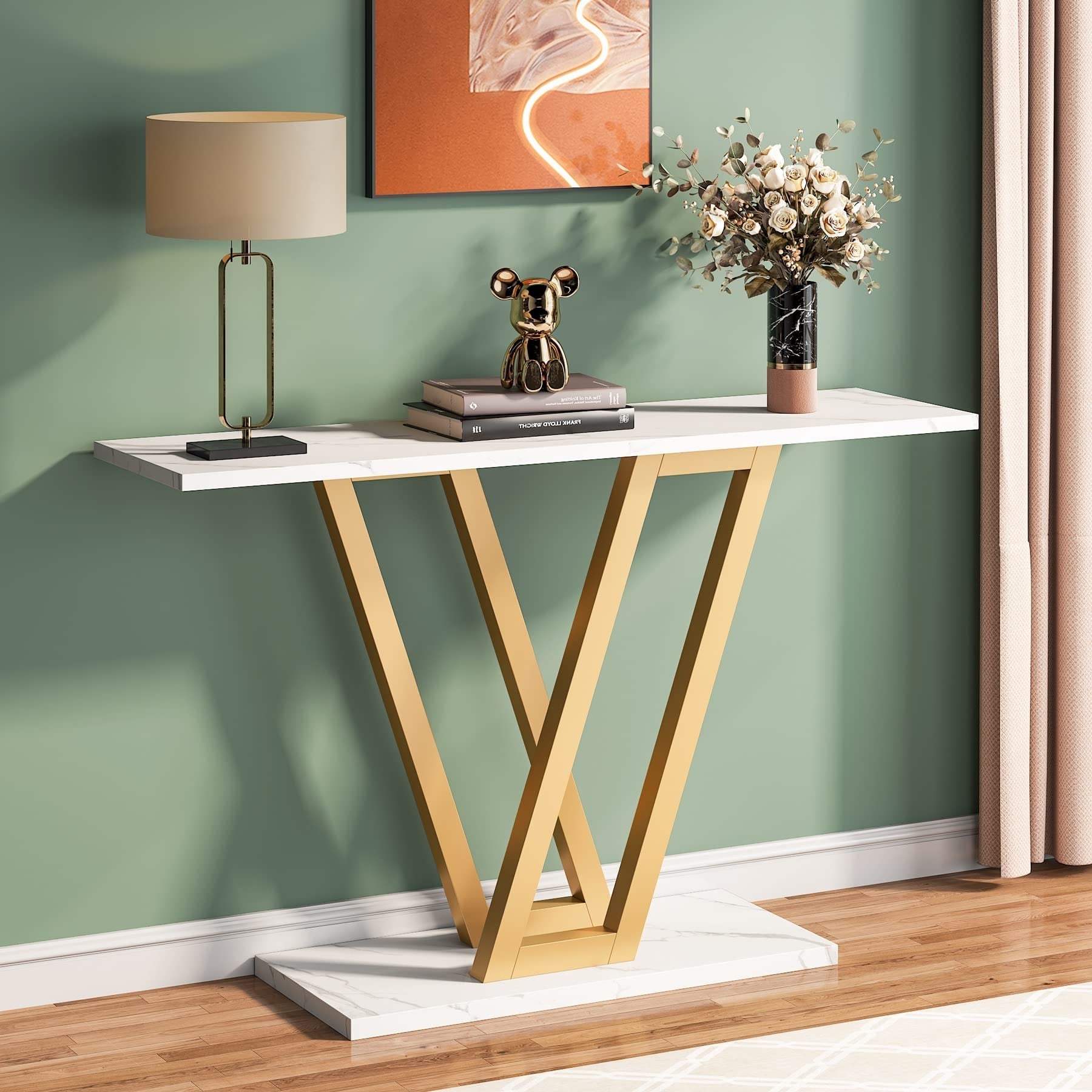 43 Inch Narrow Console Table Sofa Table With Marble Top Gold Frame For Living Room 43.31W X 11.81 D X31.5 H