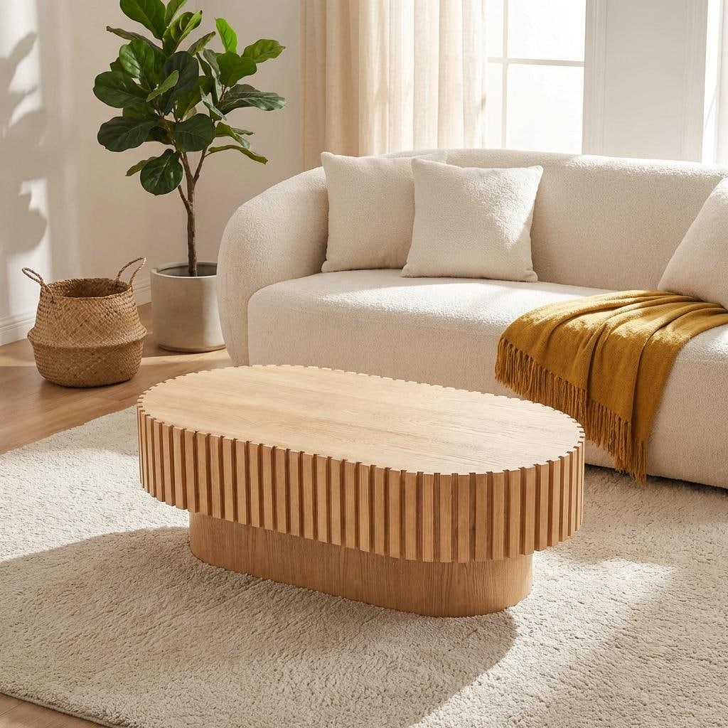 43.1 Oval Coffee Table Mid Century Modern Fluted Coffee Table With Pedestal Classic Wood Coffee Table For Living Room