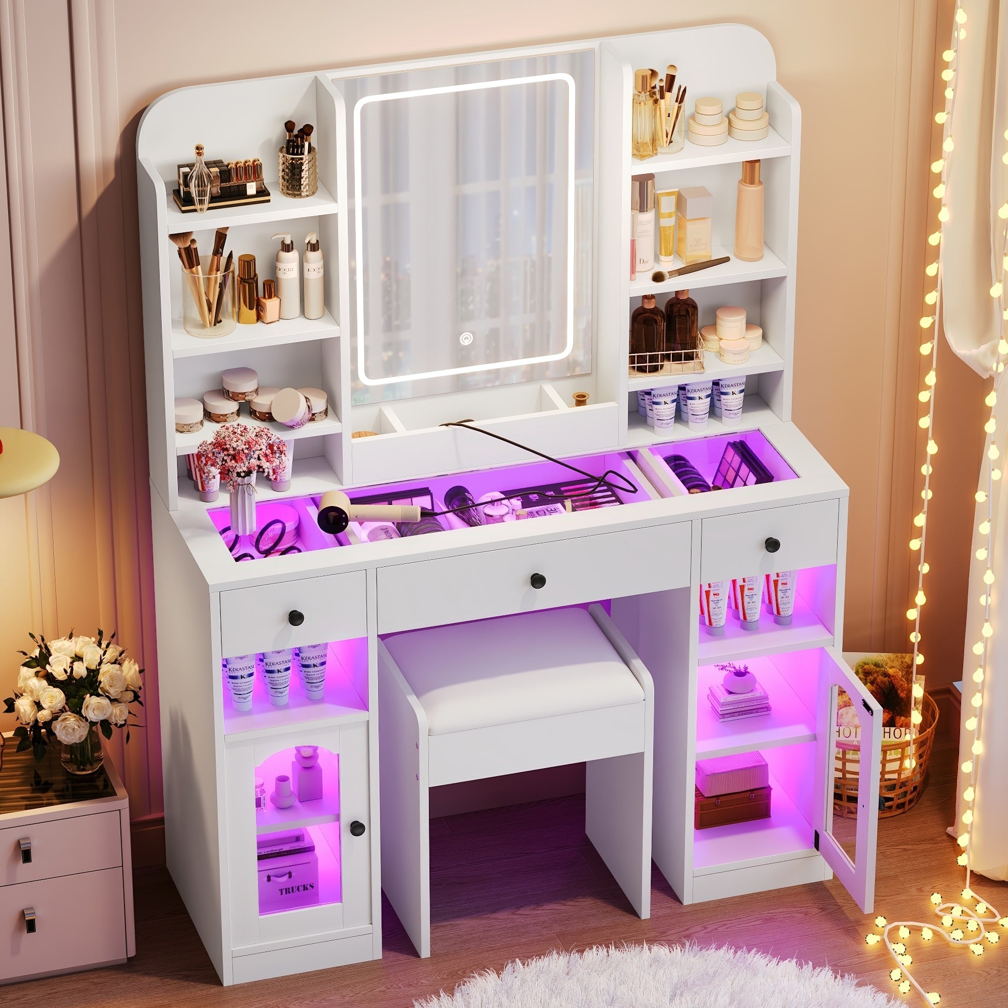 43.2 Vanity Desk With Led Mirror And Lights Glass Top Vanity With Rgb Glass Light Cabinets 3 Drawers Storage Shelves And Stool