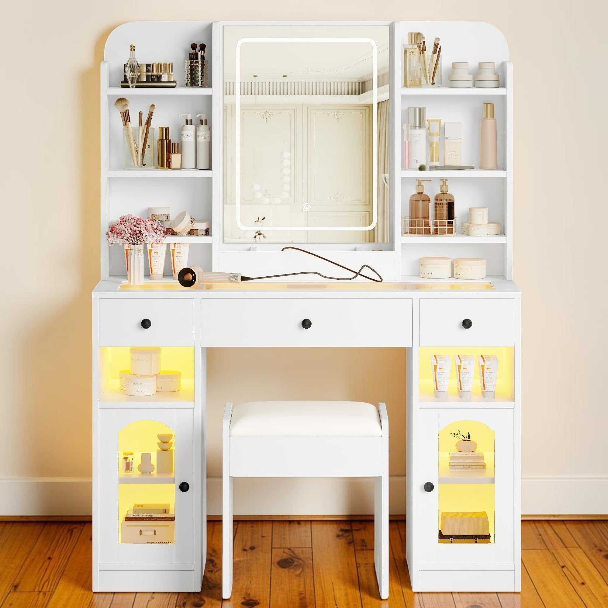43.2 Vanity Desk With Led Mirror Rgb Cabinets Glass Top Makeup Table With Drawers Shelves And Stool