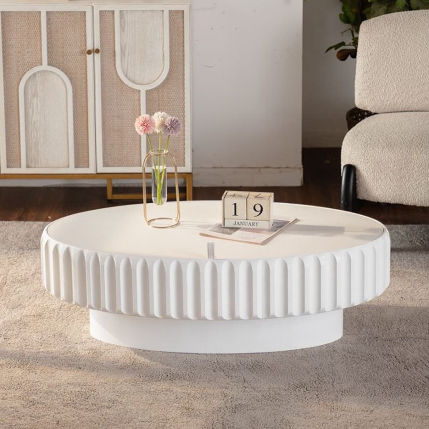 43.31 In White Oval Fluted Storage Table With Lift Off Lid 24.41