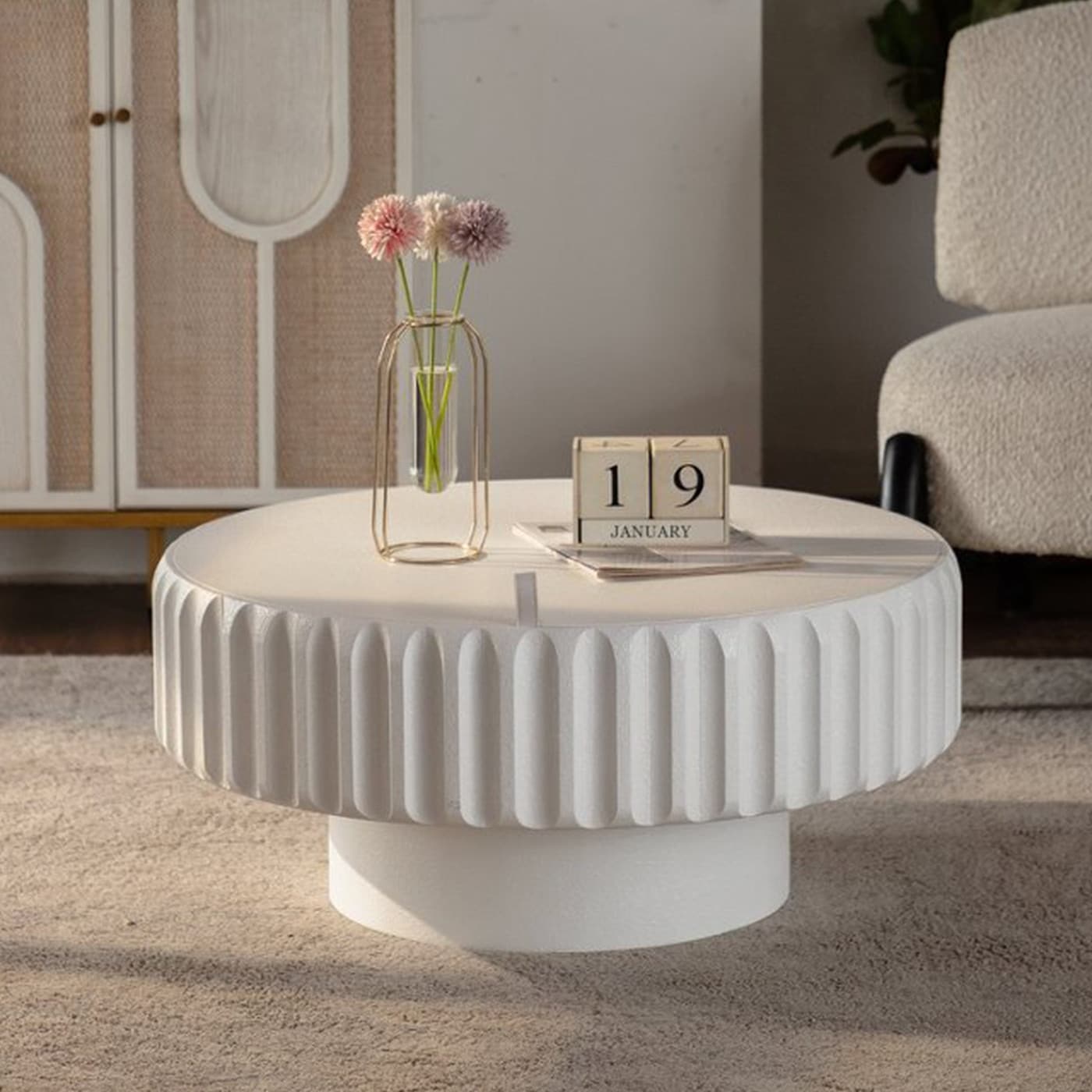 43.31 In White Round Fluted Storage Table With Lift Off Lid 31.5