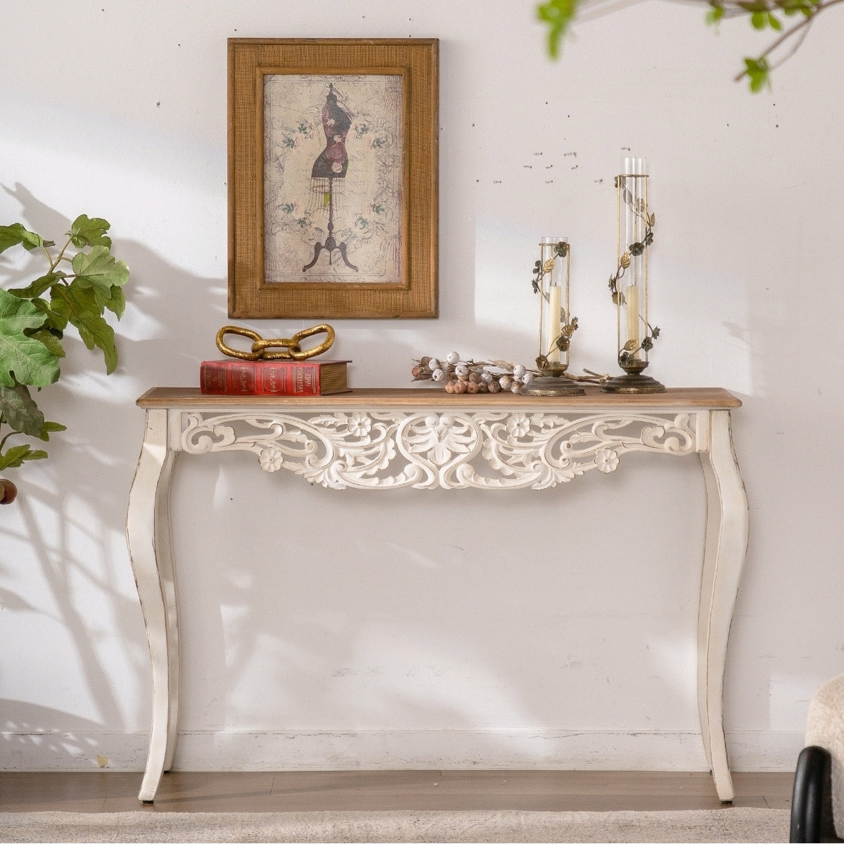 43.31 French Country Carved Console Table With Curved Legs For Hallway Living Room