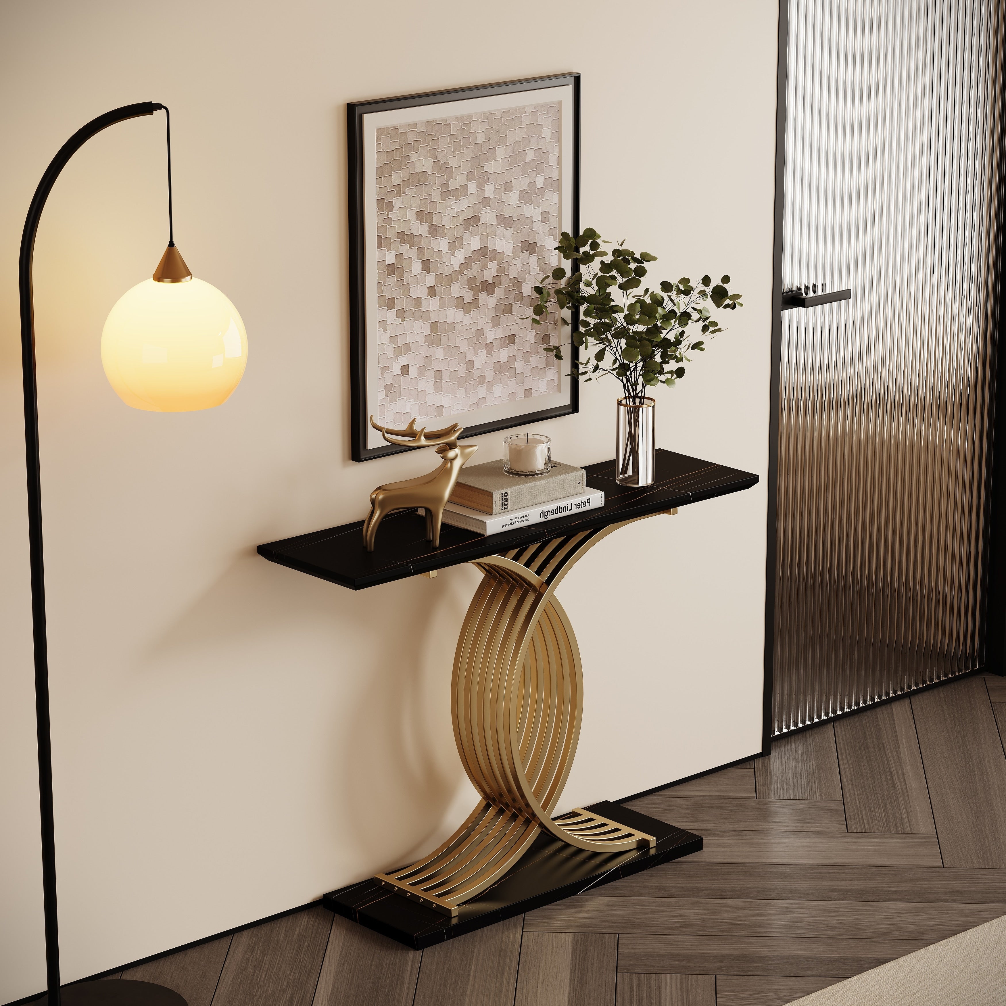 43.31 Luxurious Console Table With Gold Intertwined Metal Legs For Entryway Decor