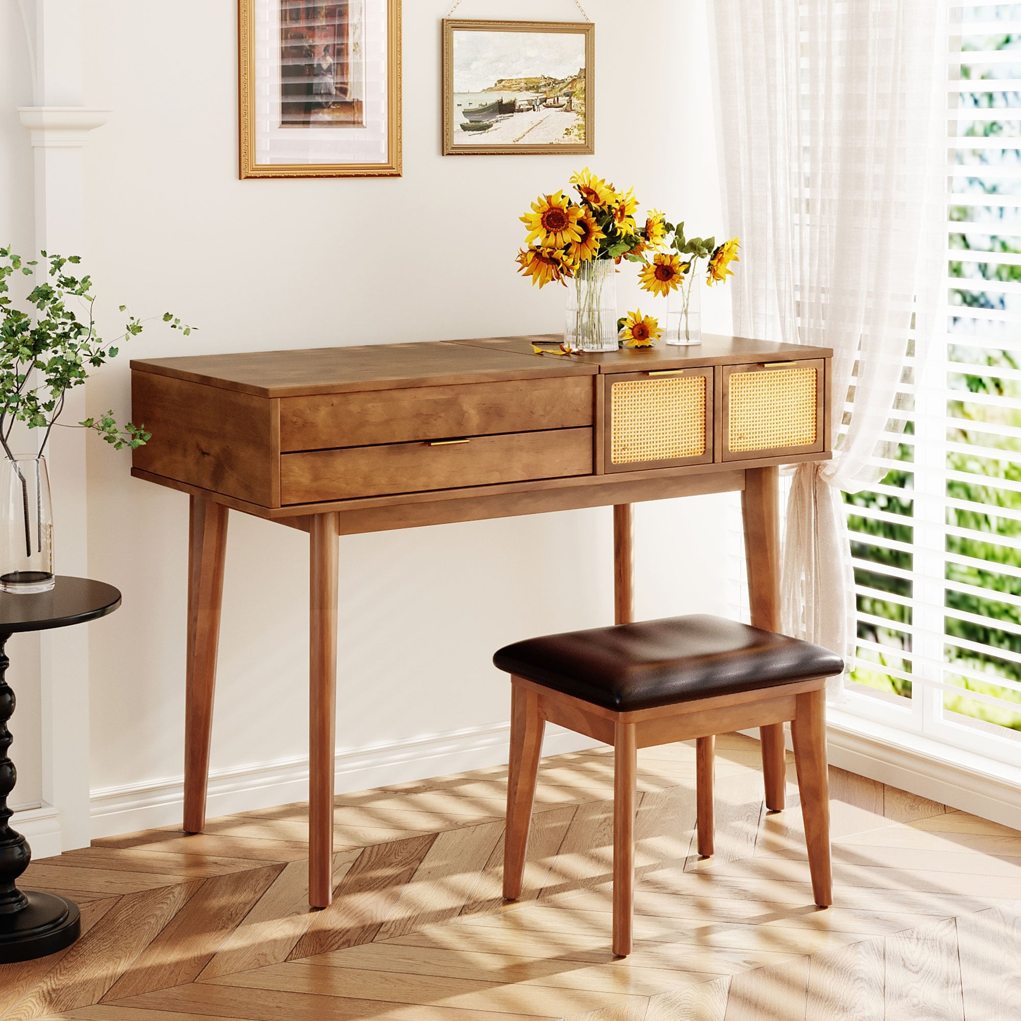 43.3 Classic Wood Makeup Vanity Set With Flip Top Mirror And Stool Dressing Table With 3 Drawers And Storage Space
