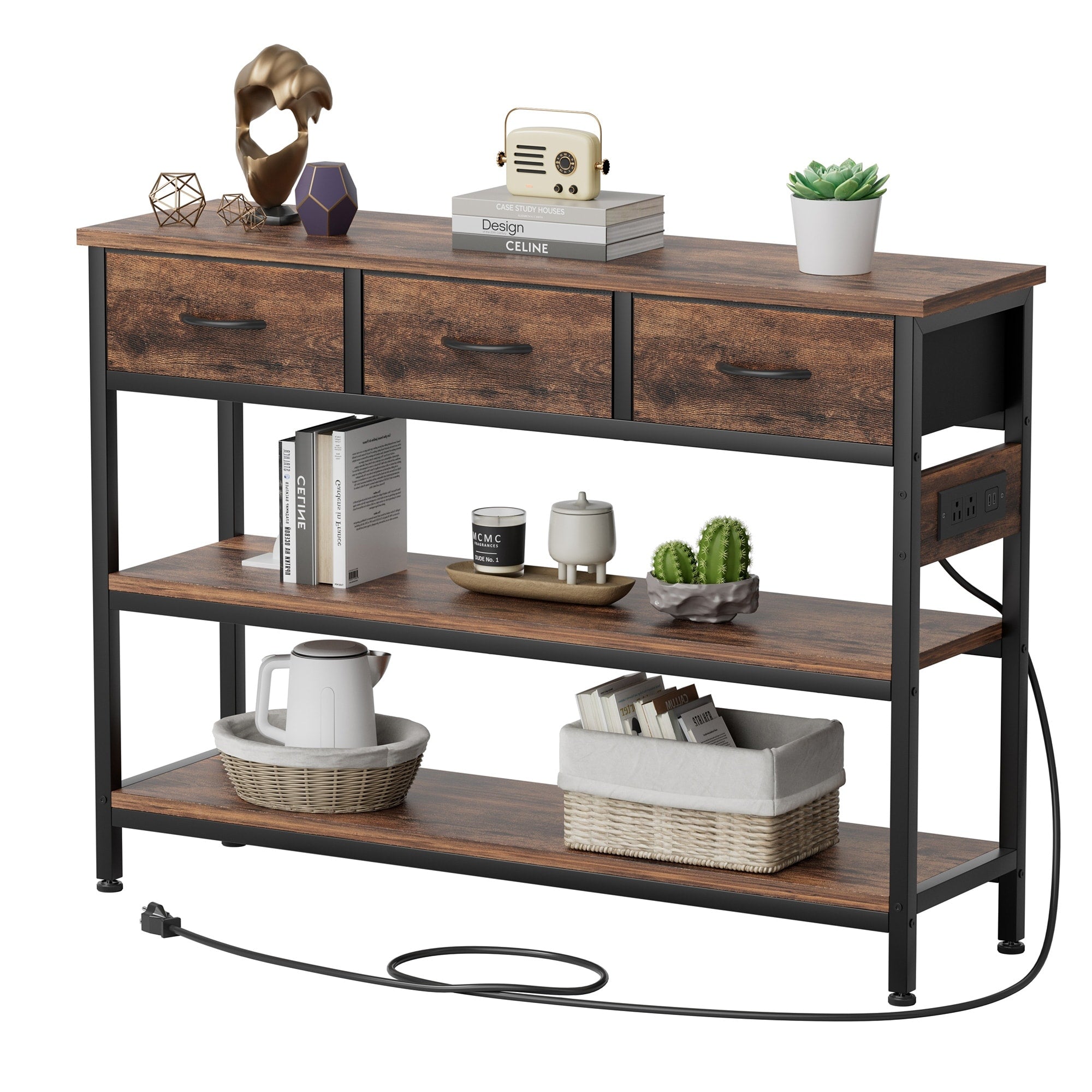 43.3 Console Table With 3 Fabric Drawers Power Outlets Usb Ports