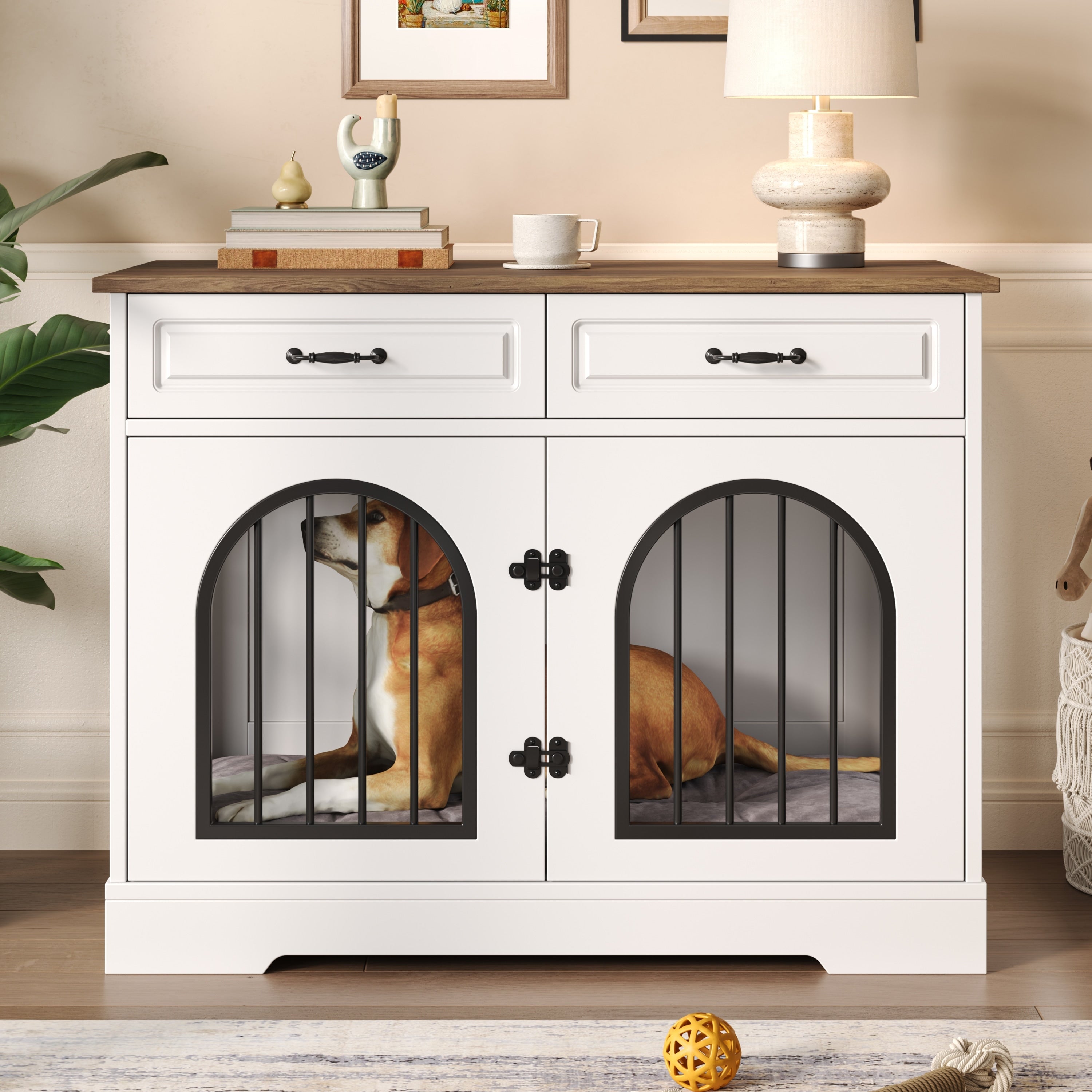 43.3 Dog Crate Furniture Heavy Duty Indoor Dog Kennel With 2 Storage Drawers Dog Cage With Side Doors For Medium Large Dogs