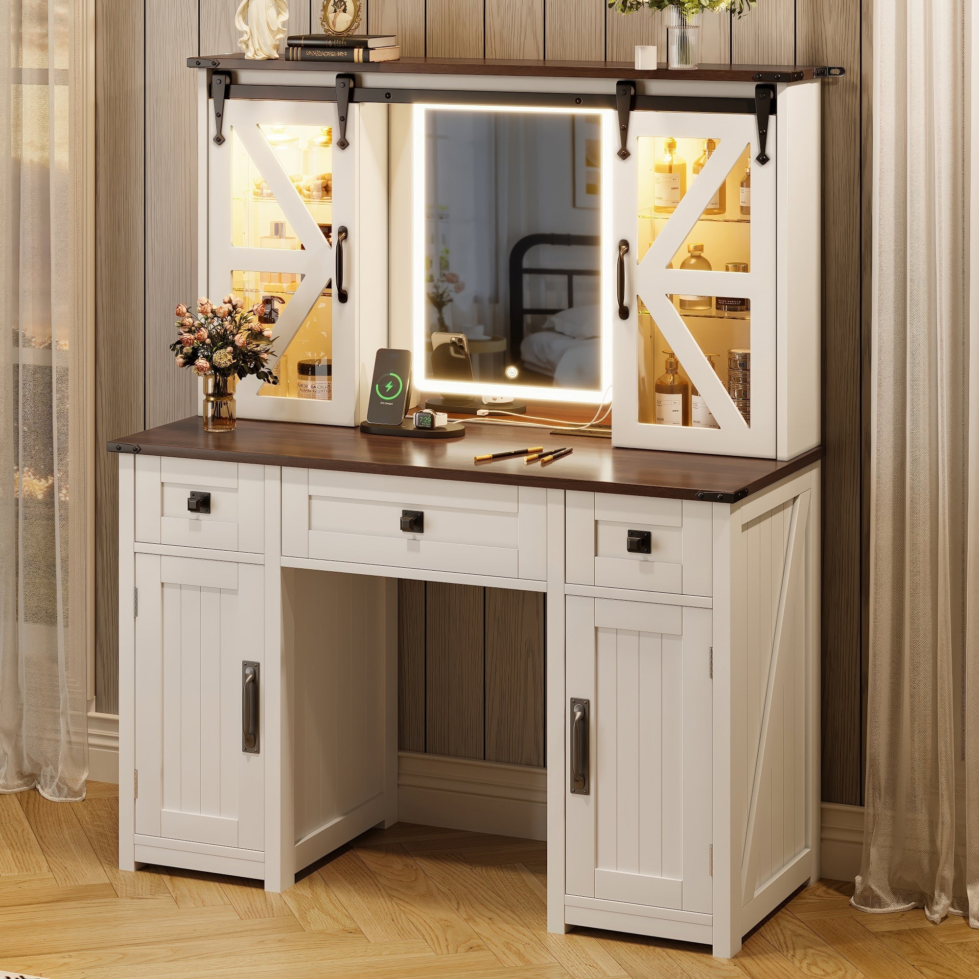 43.3 Farmhouse Makeup Vanity With Led Mirror And Charging Station Dressing Table With Sliding Barn Door Hidden Shelves