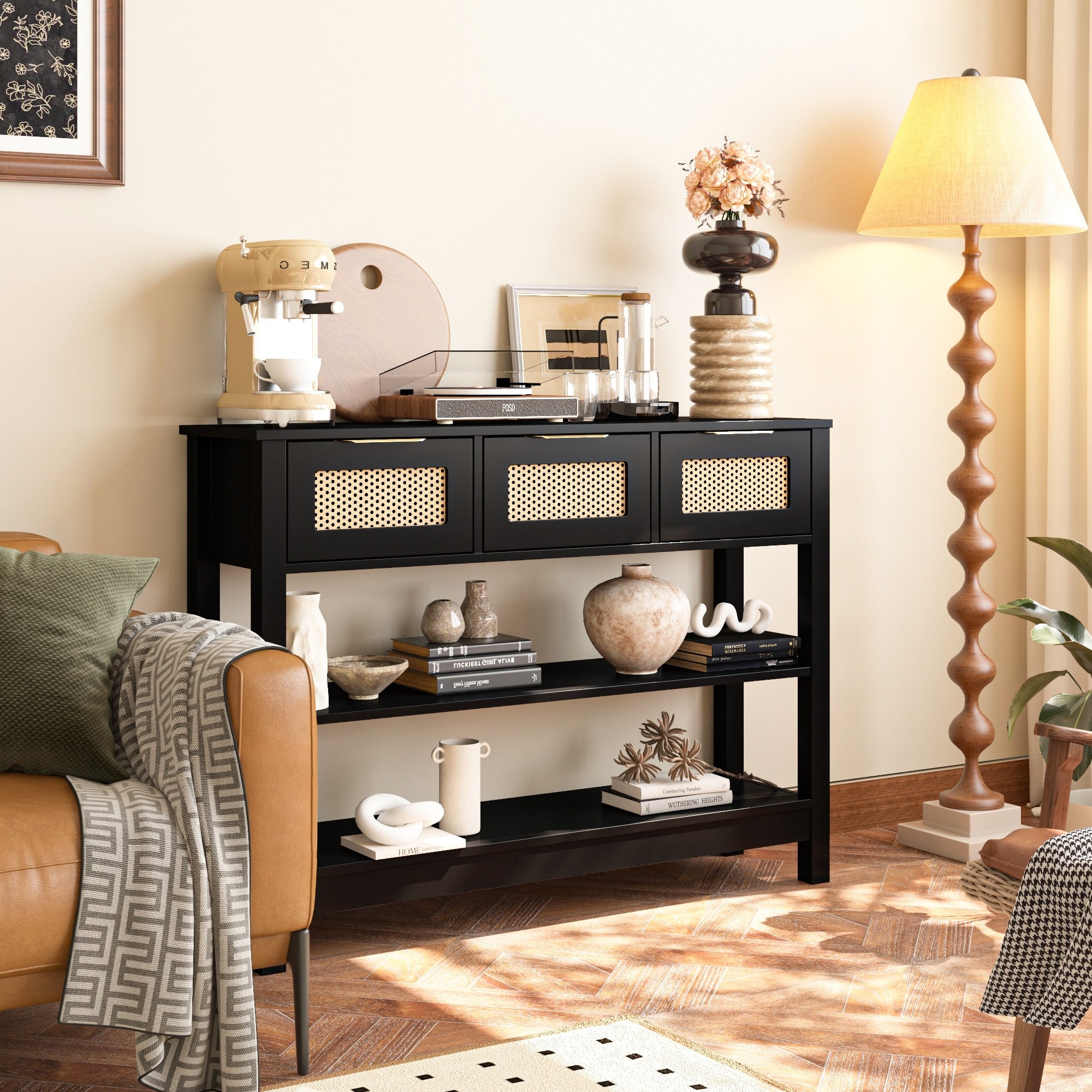 43.3 Farmhouse Sofa Console Table With 3 Top Drawers And 2 Open Shelves