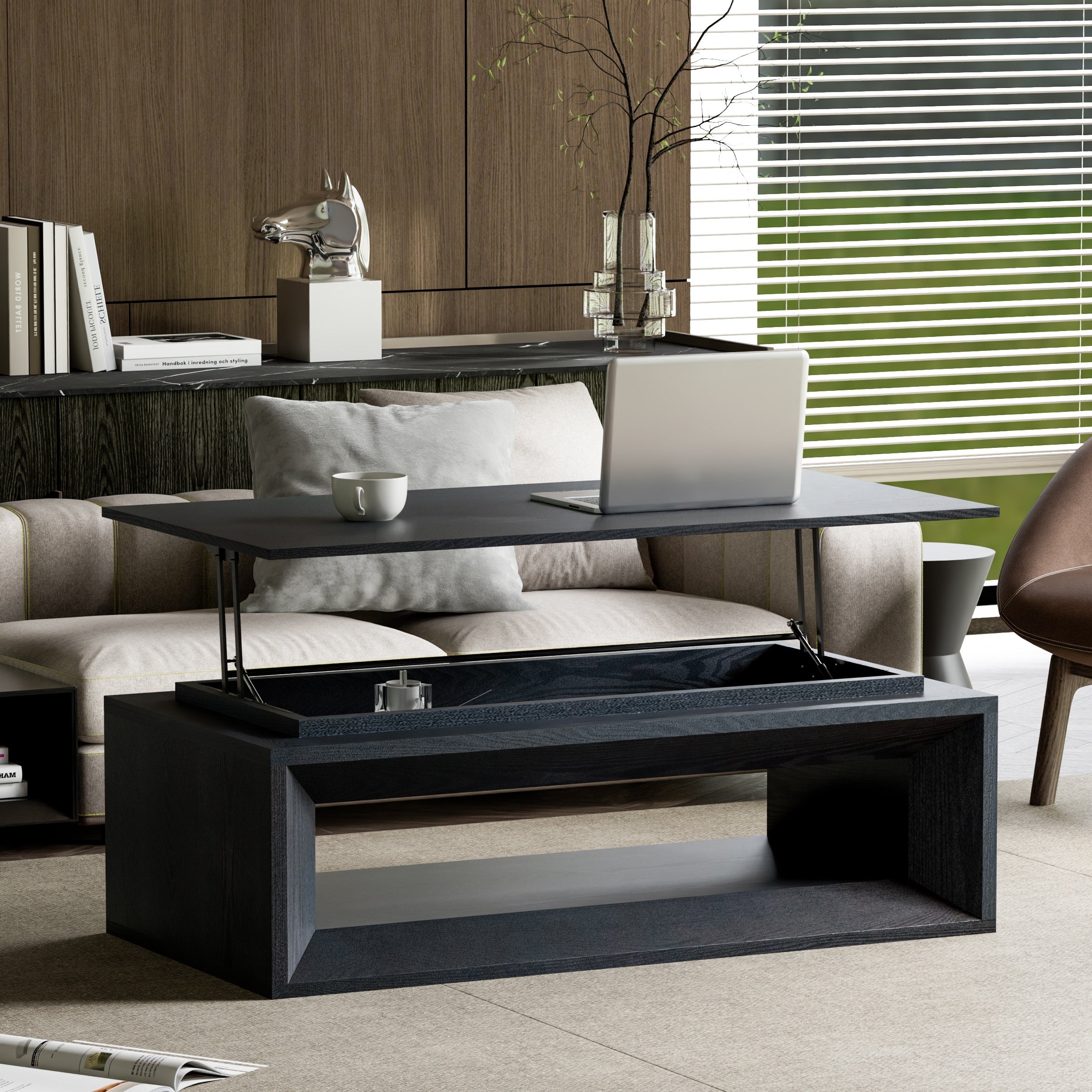 43.3 Lift Top Rectangle Modern Wood Veneer Mdf Coffee Table With Storage