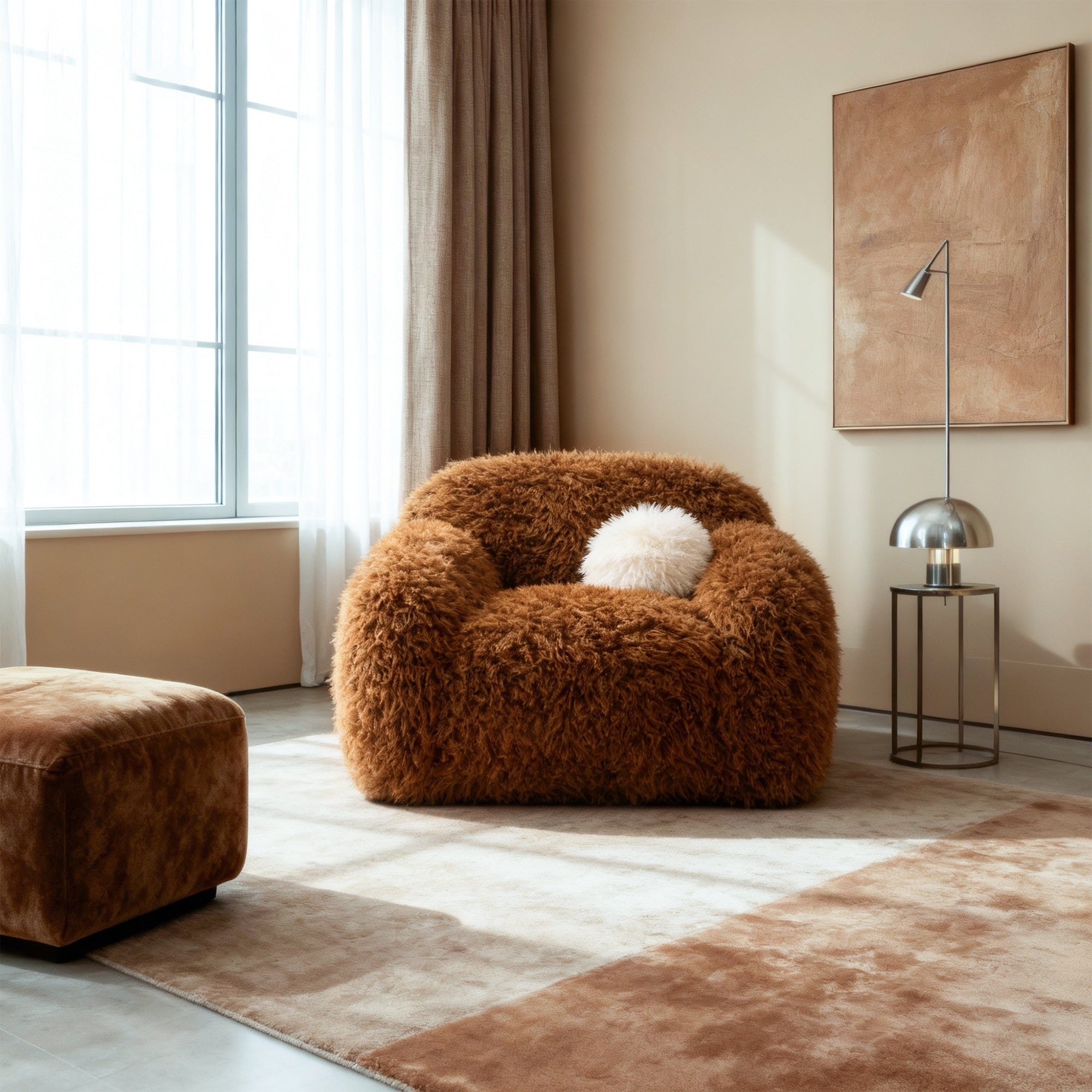 43.3 Modern Camel Brown Long Pile Upholstered Swivel Accent Arm Chair With Ball Pillows 43.3 D X 38.8 W X 31.5 H