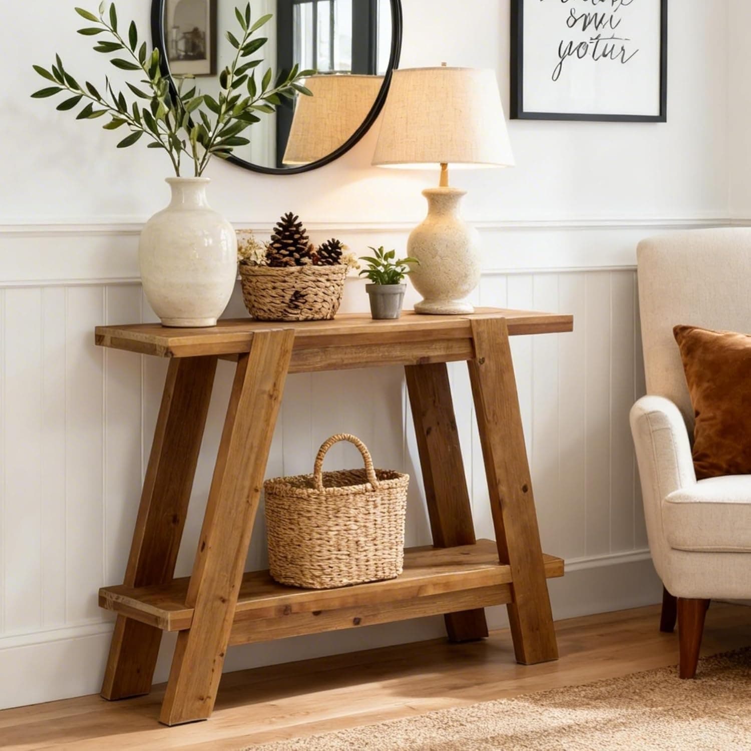 43 Inch Solid Wood Entryway Console Table 2 Tier Small Farmhouse Sofa Table Behind Couch 43.31 W 11.61 D 31.5 H