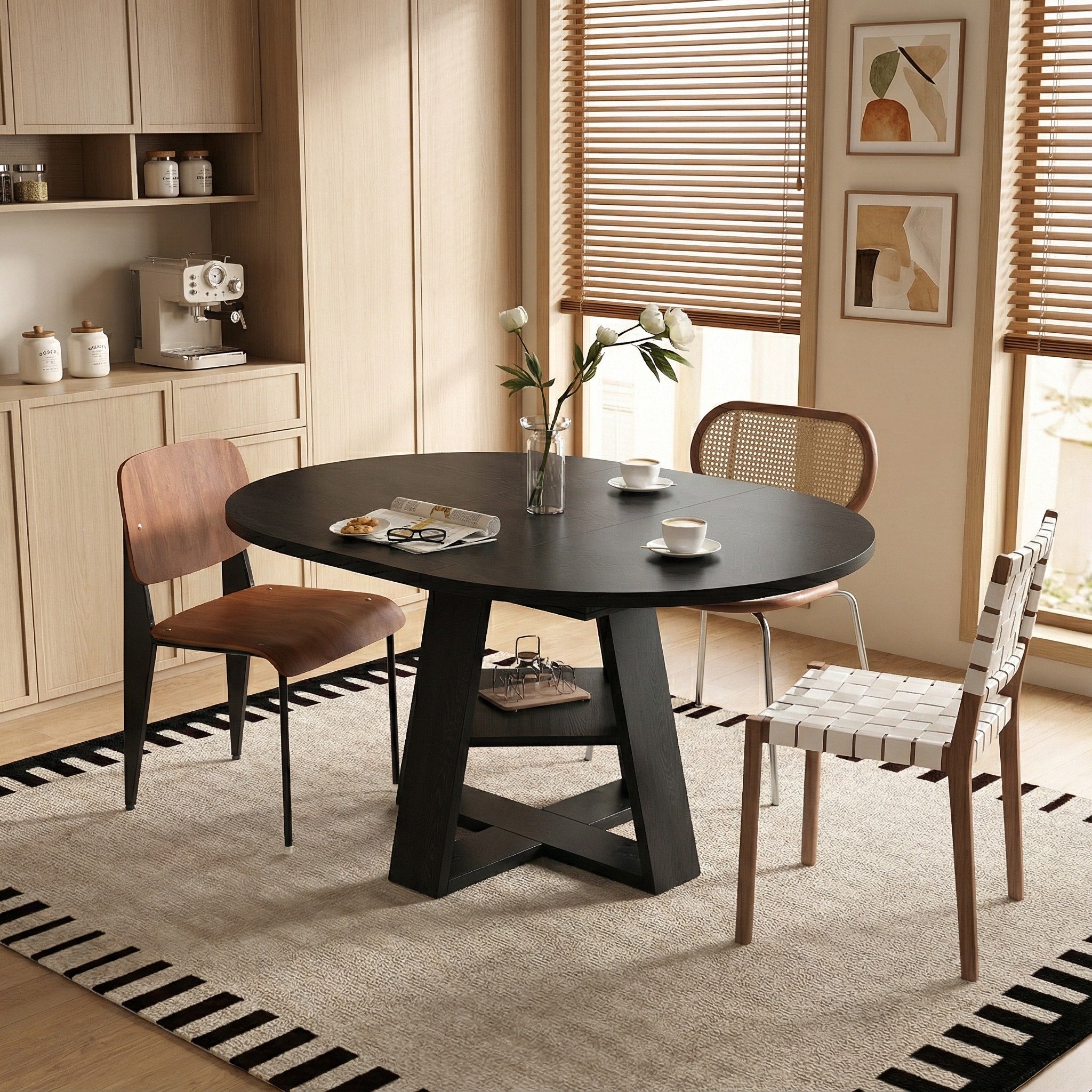 43.3In 59In Extendable Round Dining Table For 4 8 Oval Dining Table With Removable Leaves Space Saving With Storage Shelf