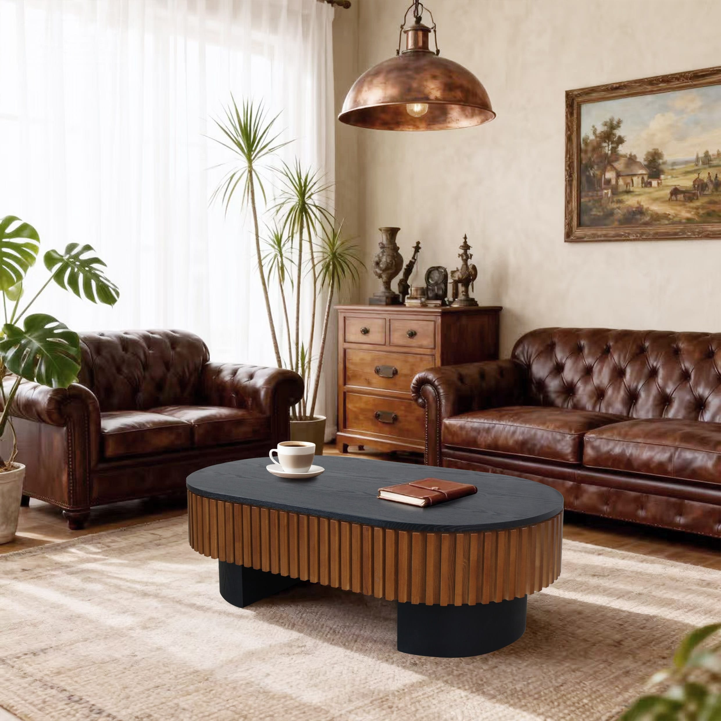 43.7 Black Walnut Elliptical Coffee Table Removable Top Hidden Storage For Any Room