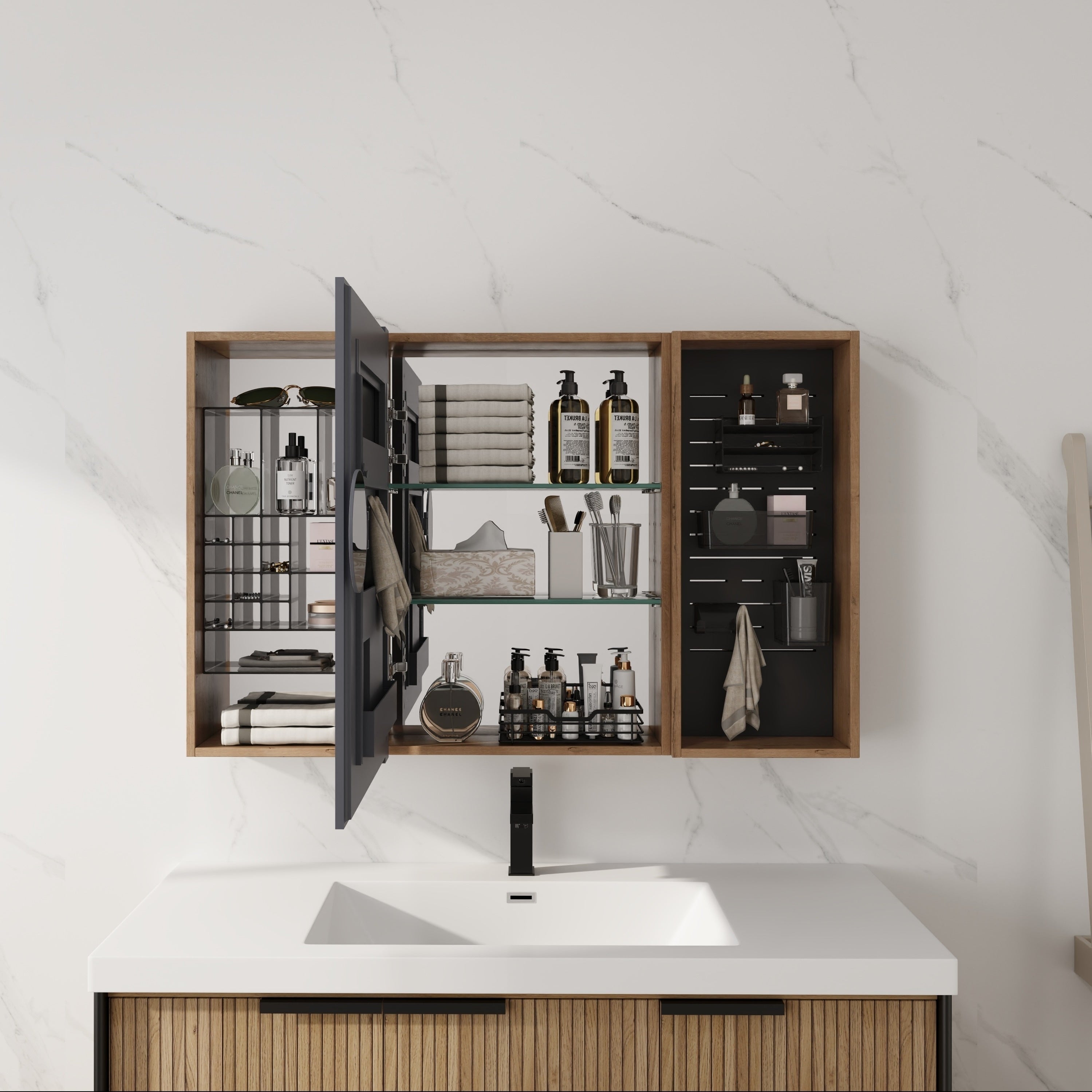 43.7 Bathroom Mirror Cabinet With Storage Combination Wall Mounted Medicine Cabinet With Mirror Door With Plastic Bins Hooks
