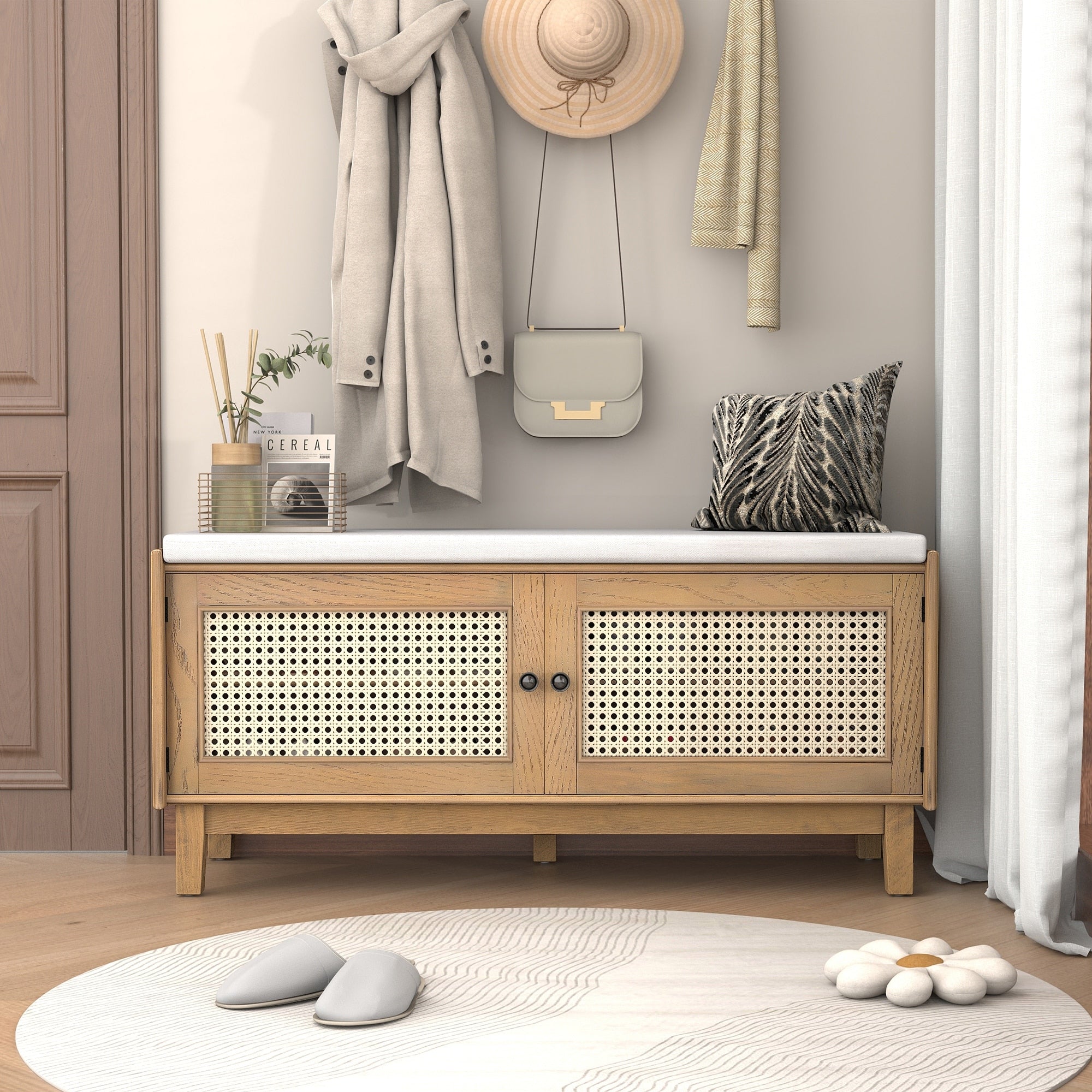 43 Boho Rattan Entryway Cushioned Shoe Storage Bench With Double Doors