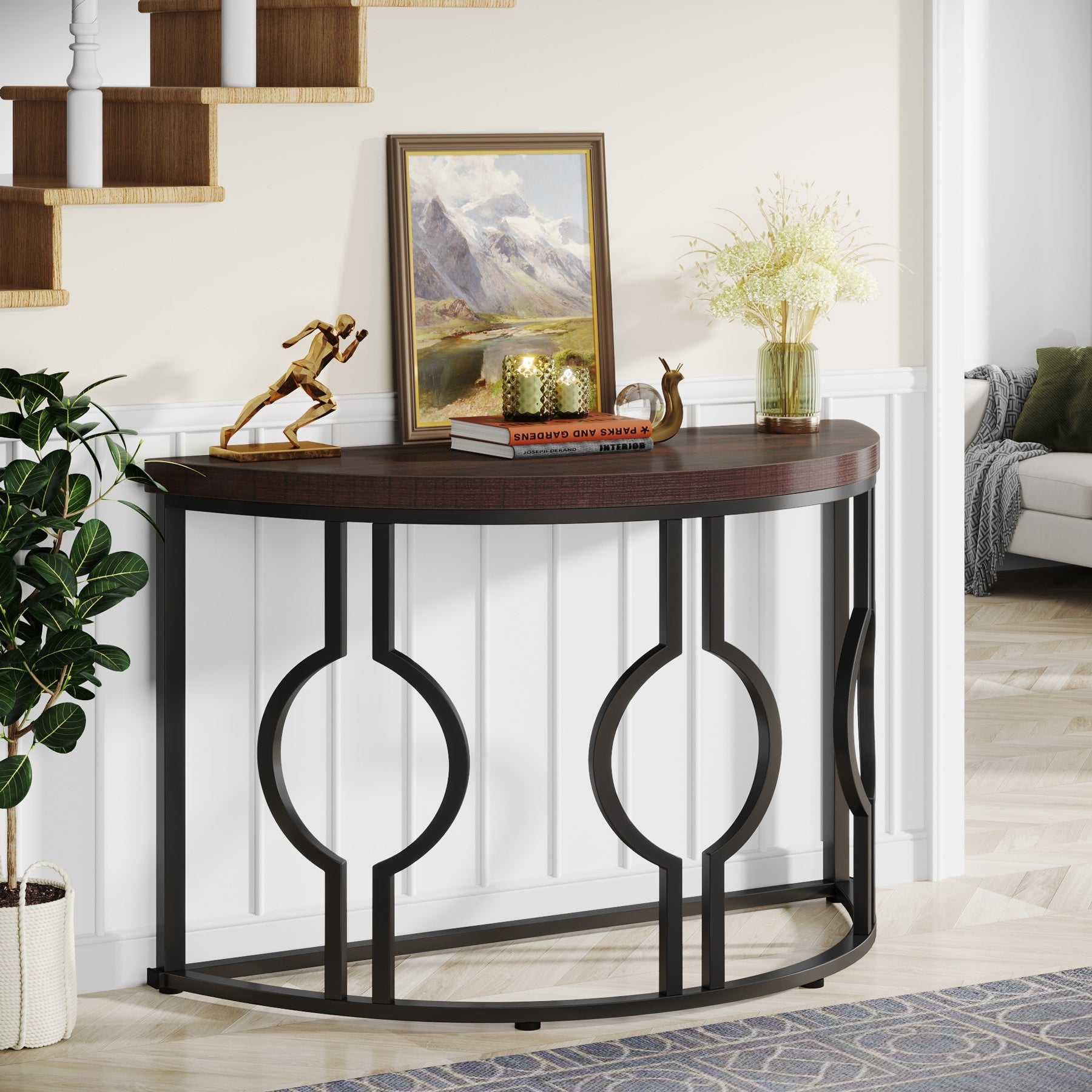 43 Industrial Half Moon Console Table With Geometric Base For Living Room Hallway Foyer Entrance