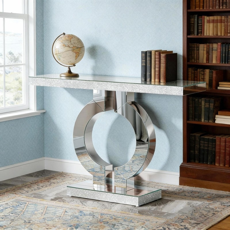 43 Modern Mirrored Console Table With O Shaped Base For Living Room Or Entryway