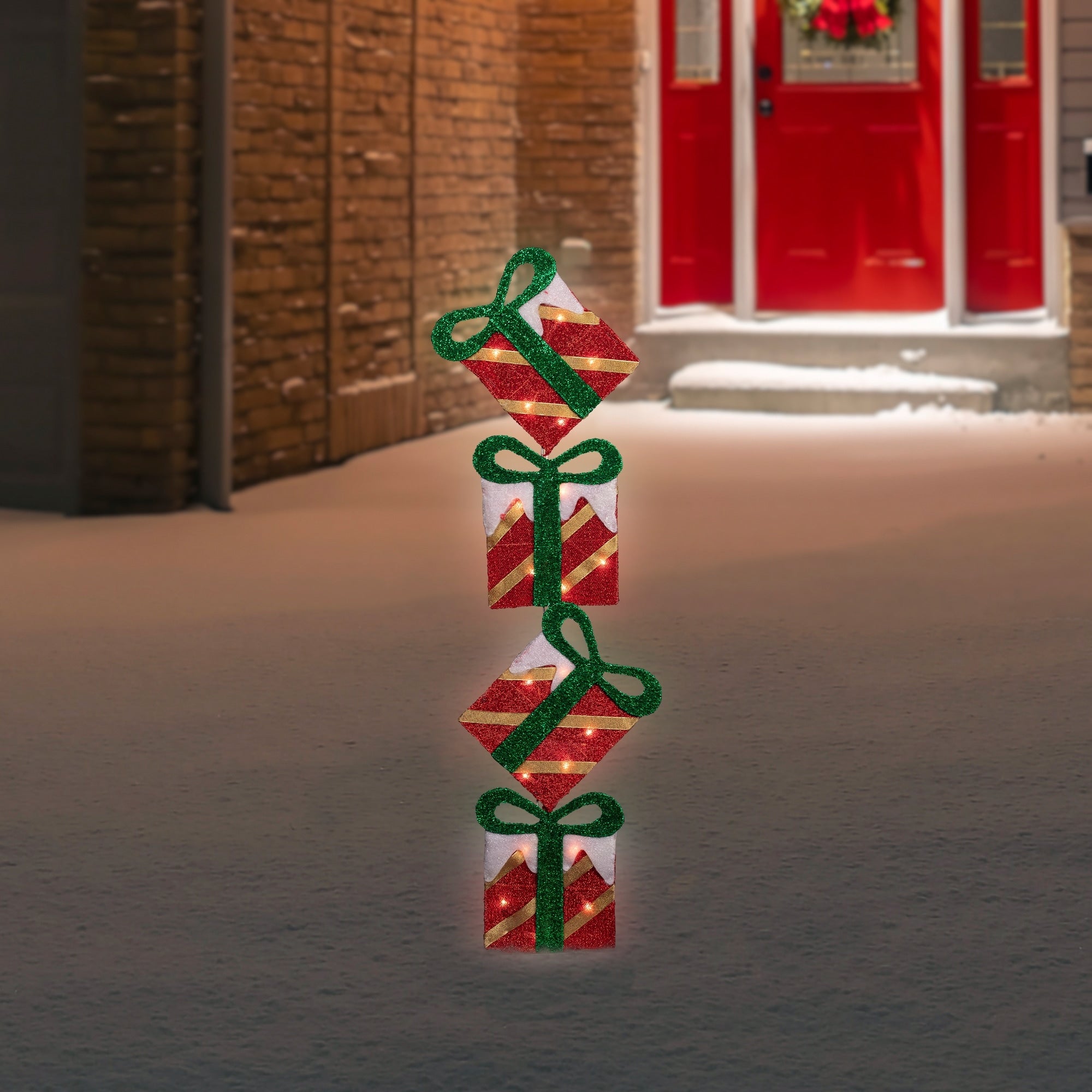 43 Lighted Red Striped Flat Tinsel Stacked Gift Box Yard Art Decoration Clear Lights