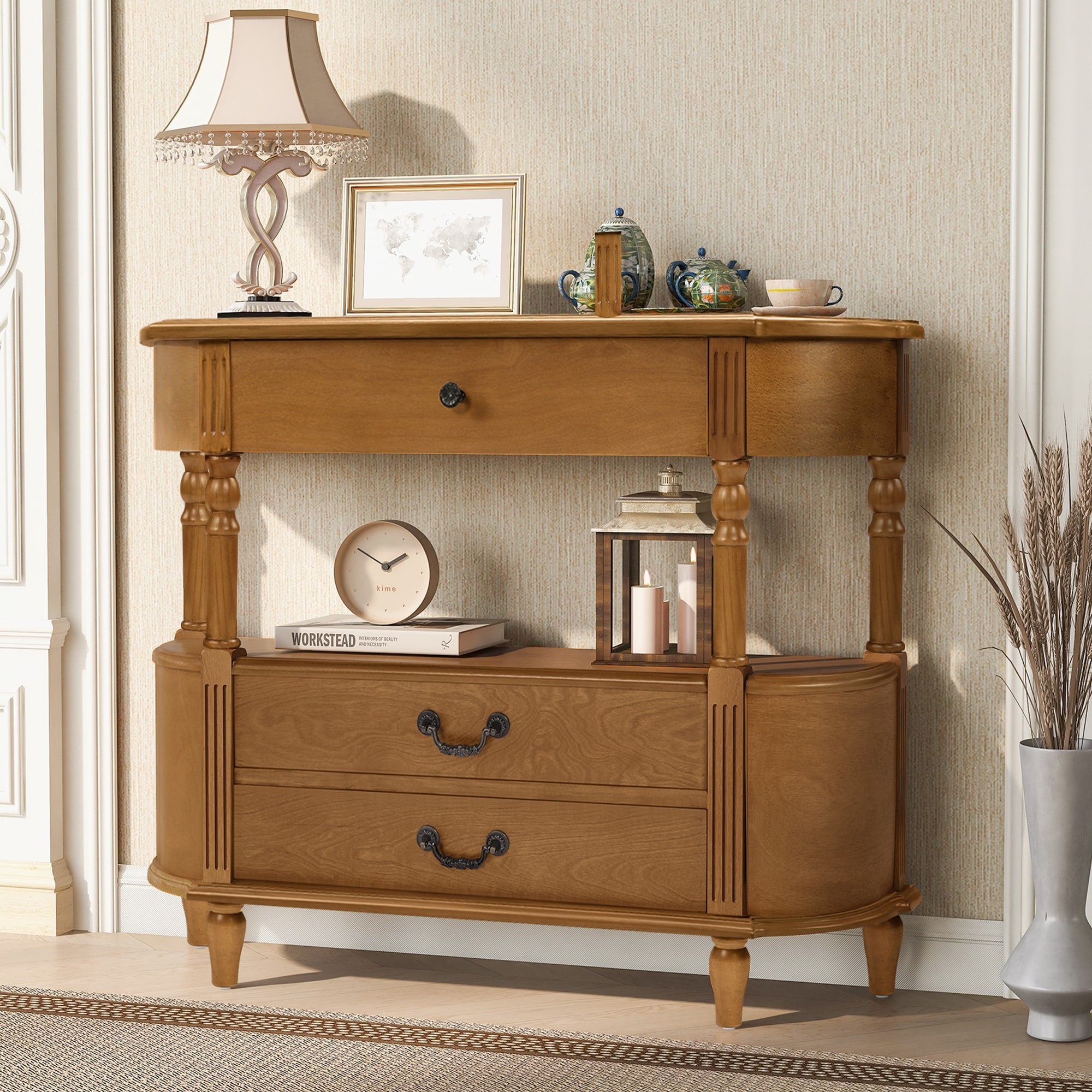 43 Retro Curved Wood Console Table With 3 Drawers Storage Shelf For Living Room Hallway