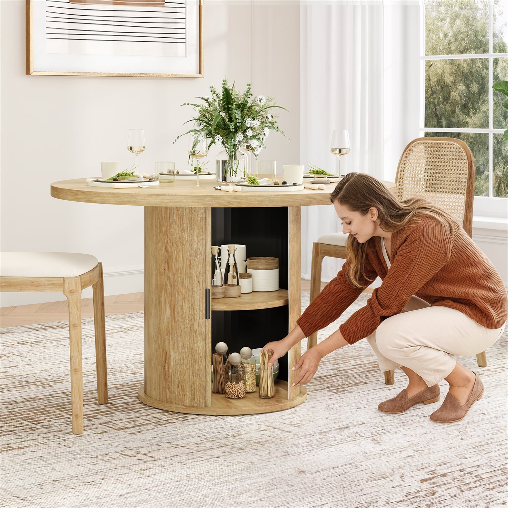 43 Round Wood Top Dining Table For 4 With Sturdy Metal Base