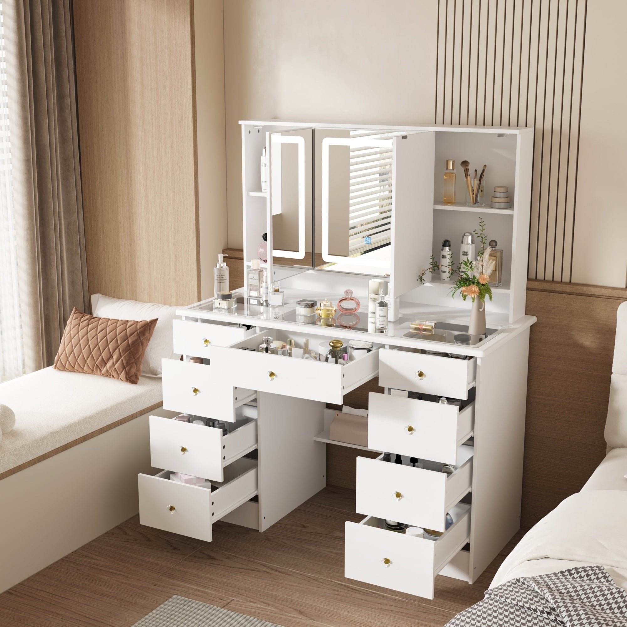 43 White Makeup Vanity Desk With Led Lighted Mirror Tempered Glass Top 9 Drawers Storage Dressing Table