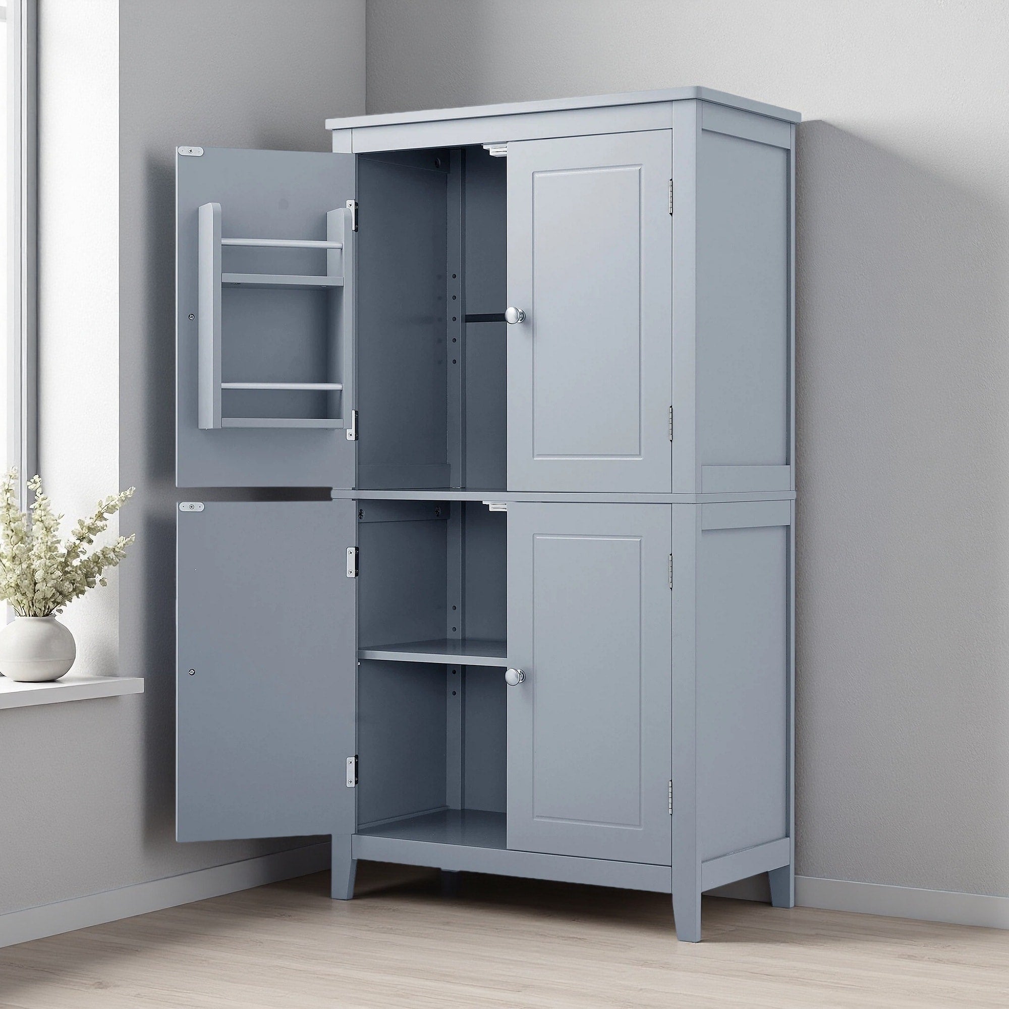 43 H Elegant Bathroom Floor Storage Cabinet Bathroom Storage Unit Freestanding Cabinet With 4 Doors Adjustable Shelves