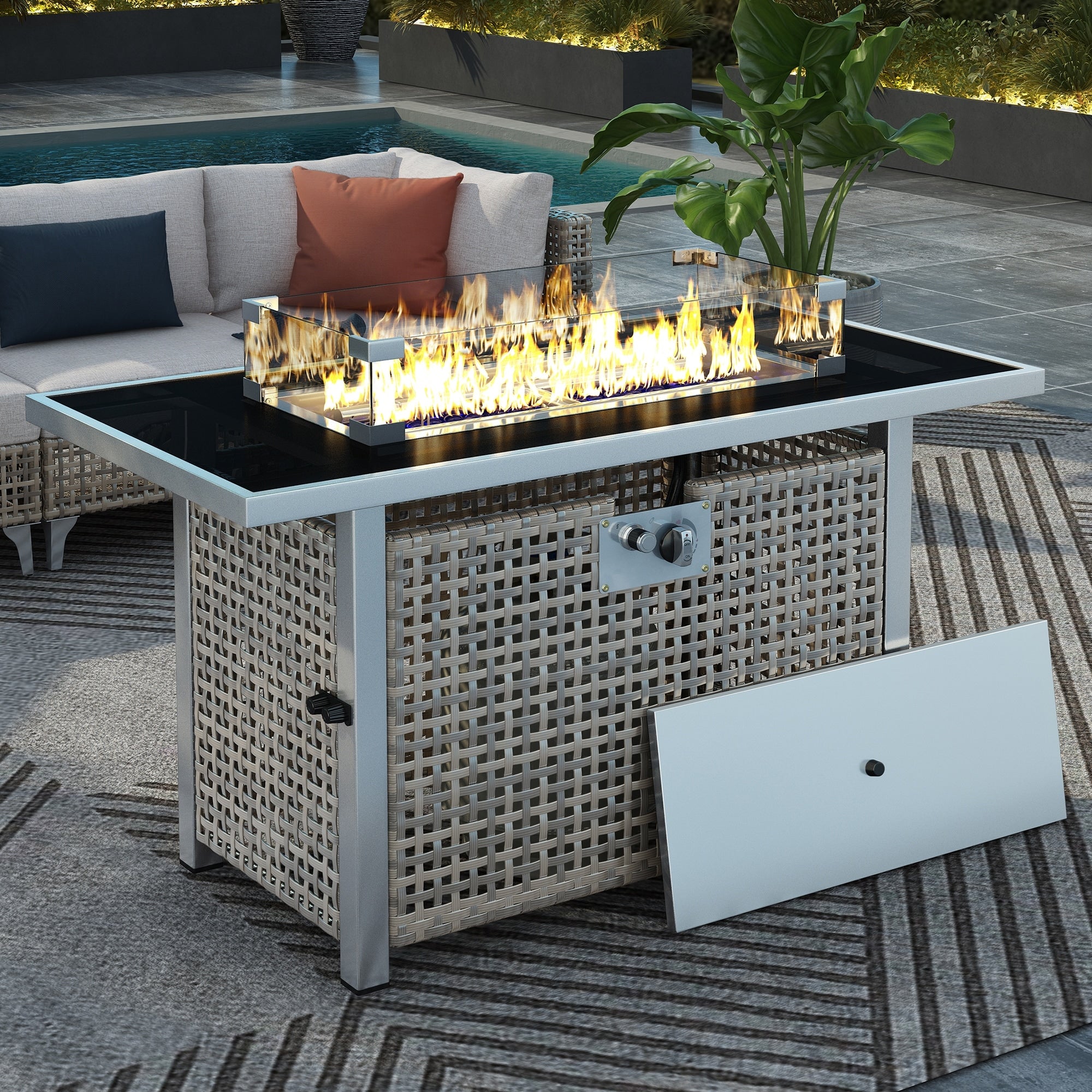 43In Propane Gas Fire Pit Table With Glass Wind Guard And Adjustable Stainless Steel Burner For Patio Garden Backyard