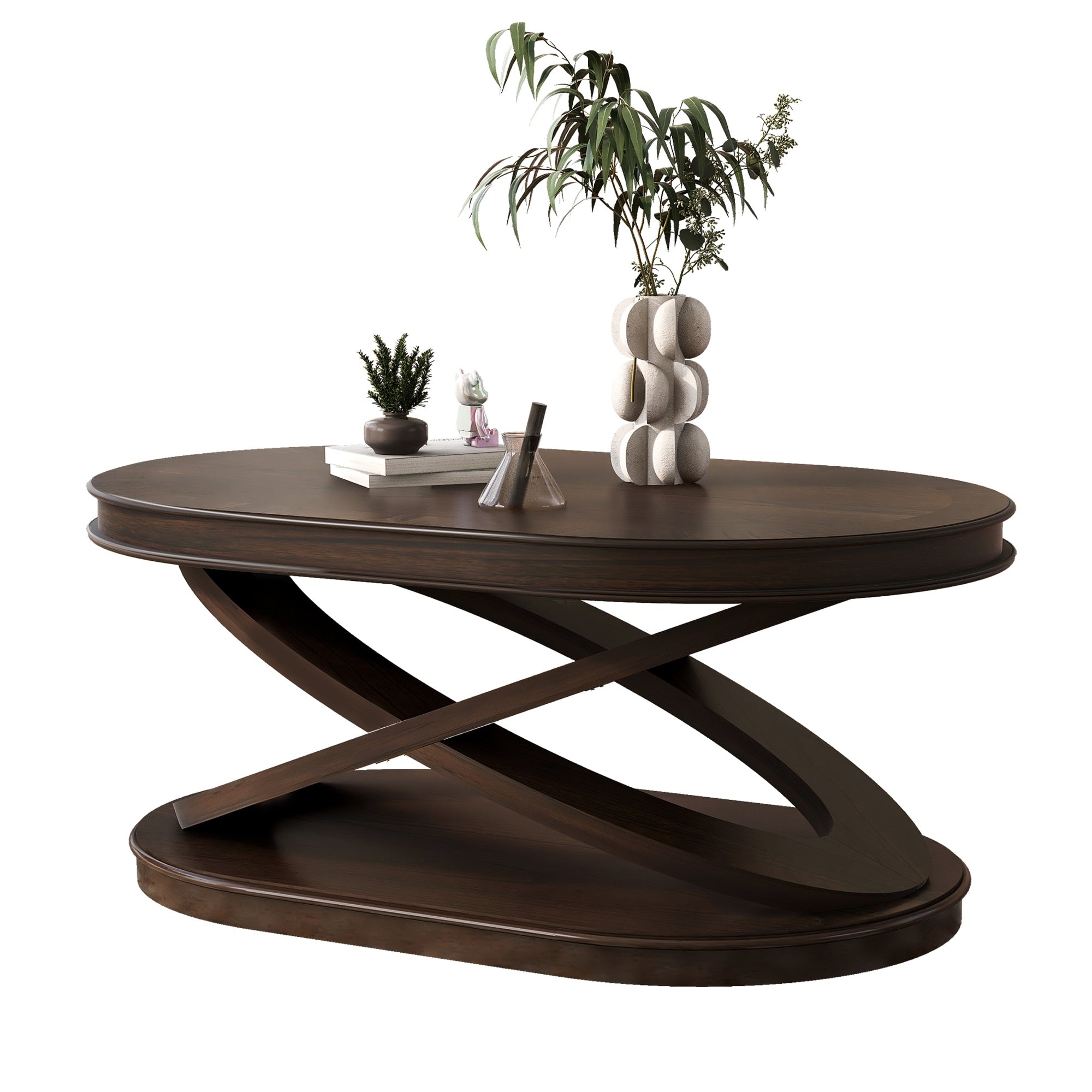 44 Inch Wood Oval Coffee Table With X Shaped Base Cocktail Table With Open Storage Sofa Center Table For Living Room