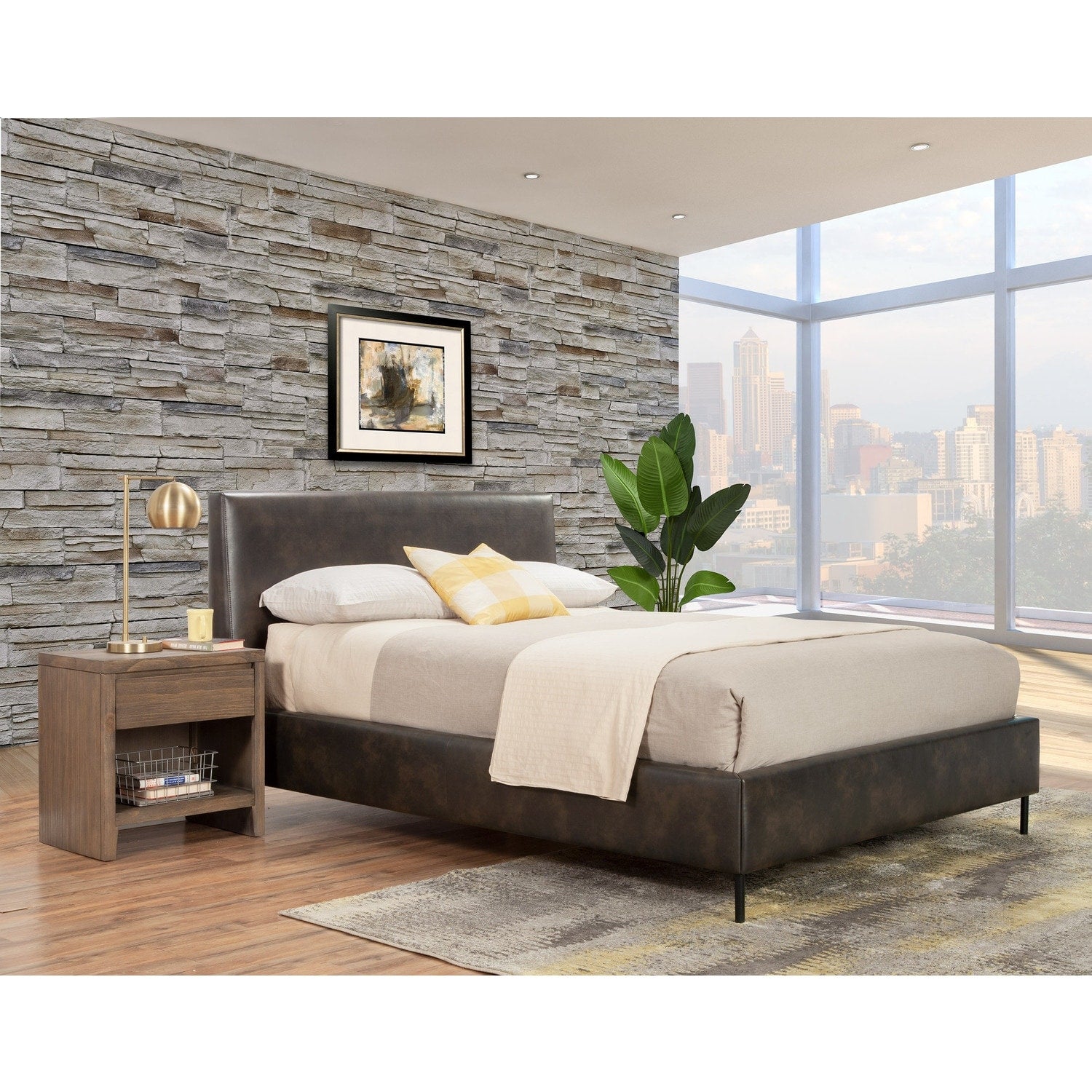 44 In.H Gray Wood Frame Full Size Panel Bed With Faux Leather Upholstery Material And Bed Frame Mounted