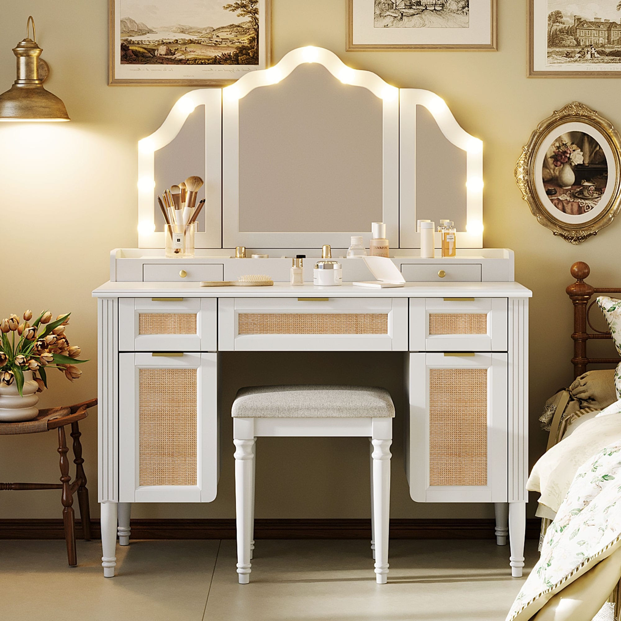 44.37 Makeup Vanity Desk With 13 Hollywood Bulbs Dressing Table With Tri Fold Mirror 5 Drawers Shelves And Charging Station