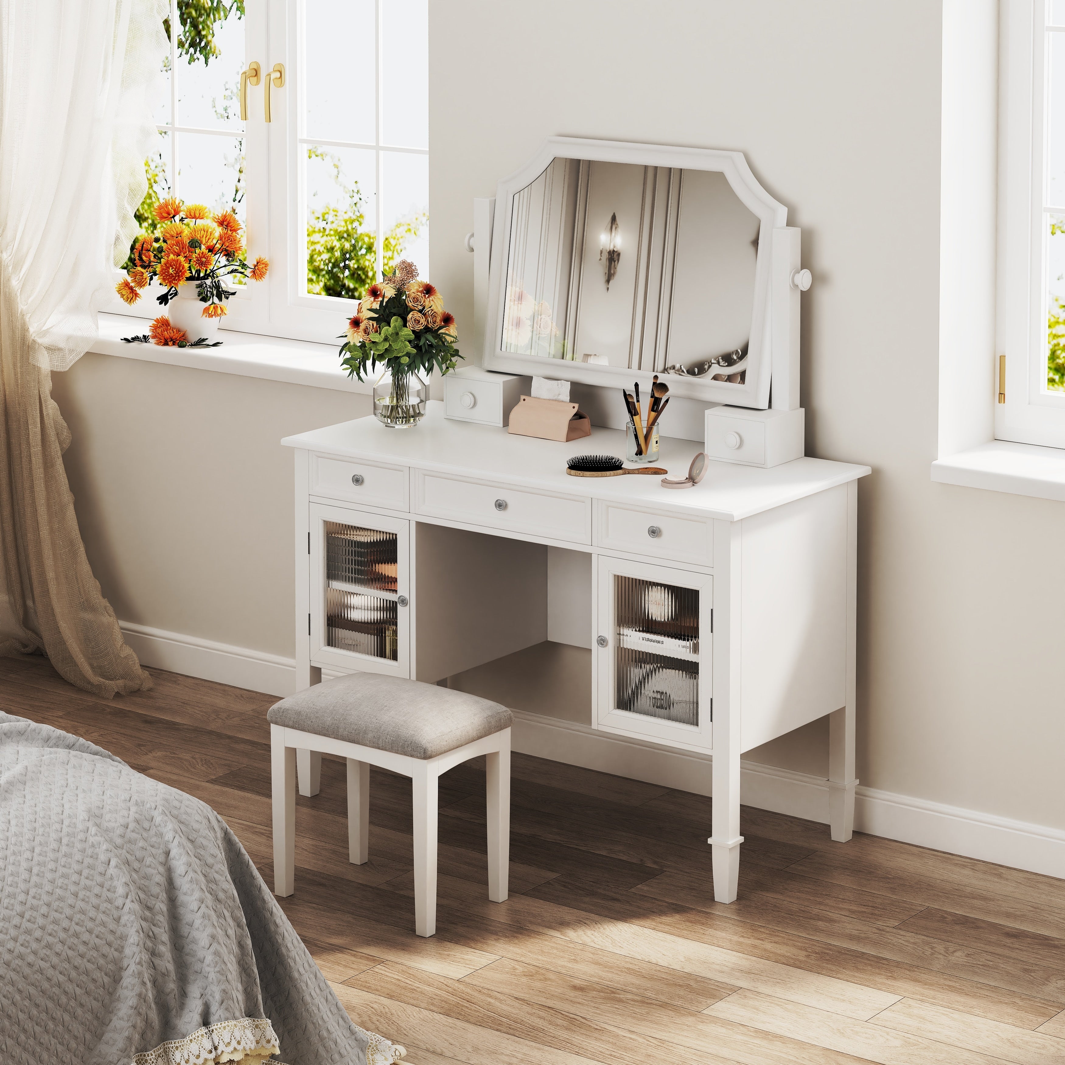 44.4 Elegant White Makeup Vanity Desk With Adjustable Mirror And Storage Space Saving Beauty Station For Bedroom