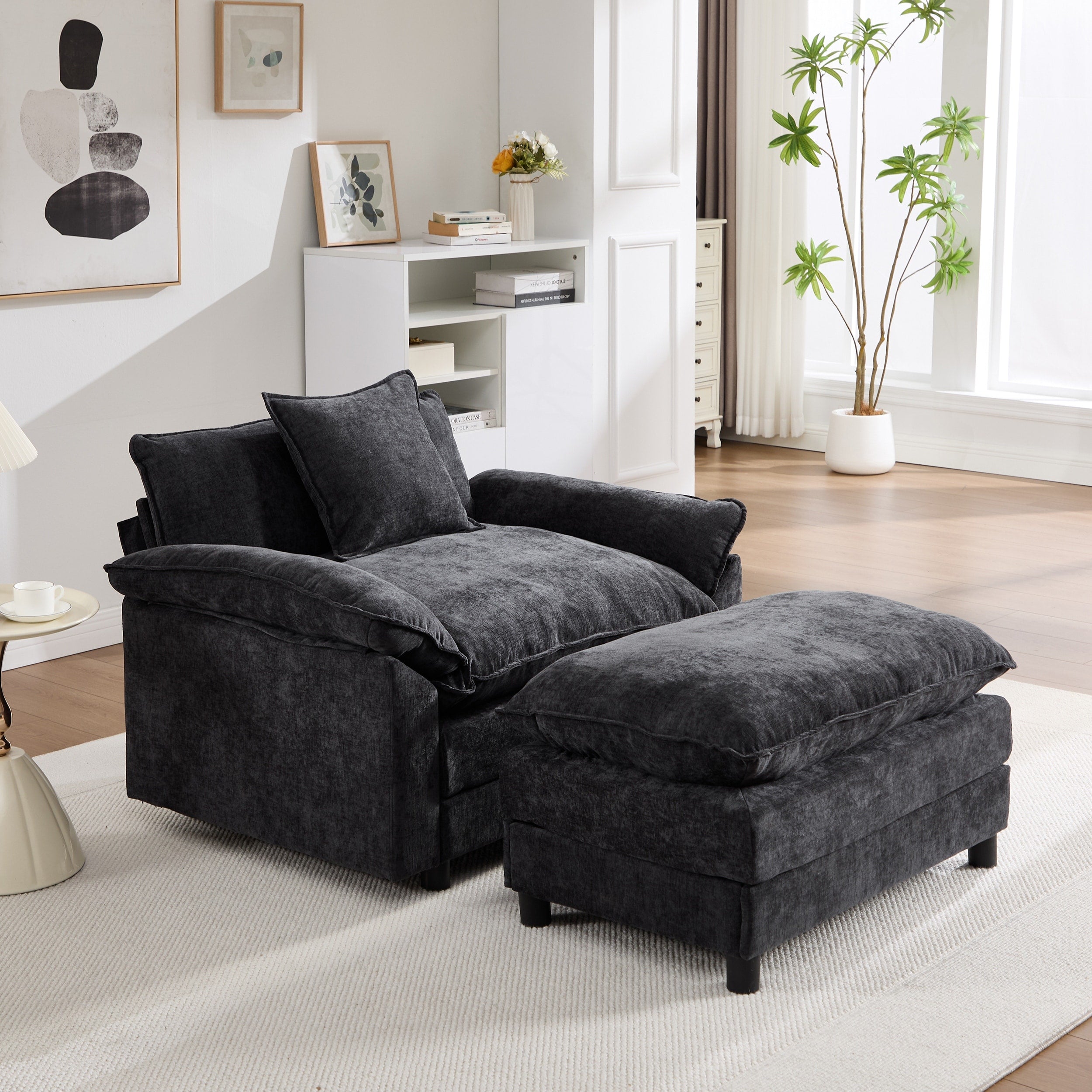 44.5 Modern Accent Chair With Ottoman Living Room Club Chair Chenille Upholstered Armchair Reading Chair For Bedroom