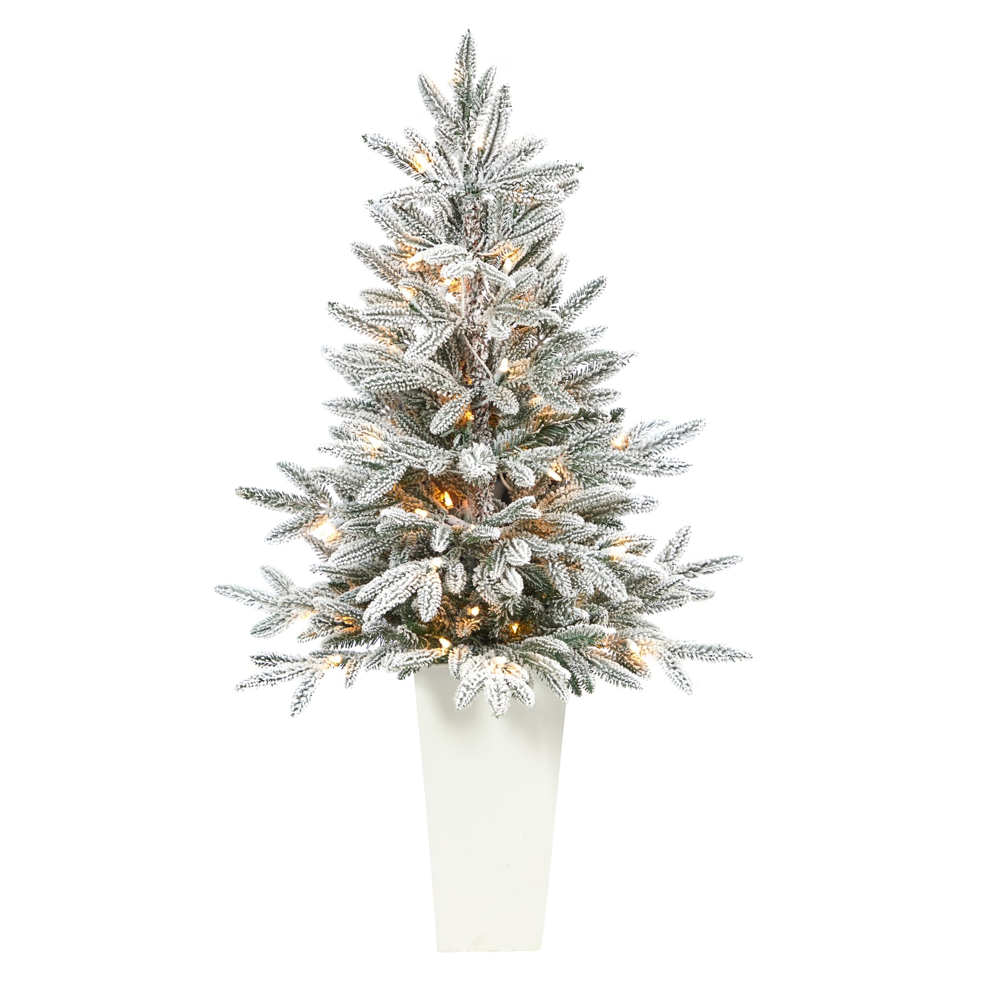 44 Flocked Artificial Christmas Tree With 50 Lights In White Planter