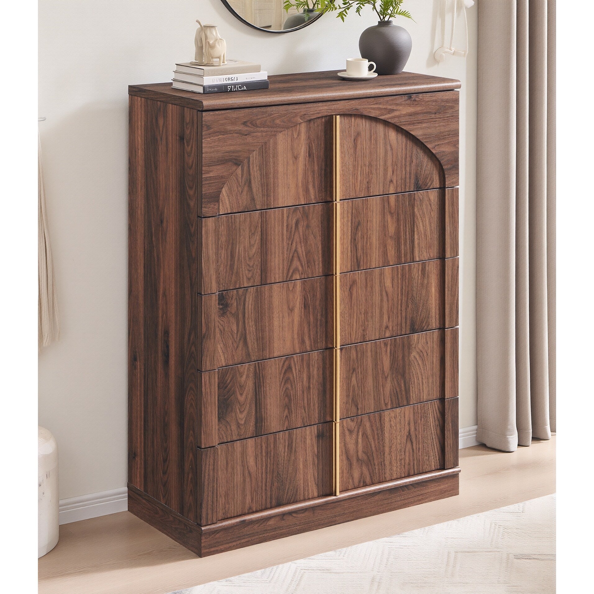 44 Tall Modern 5 Drawers Dresser With Arched Panel Chest Of Drawers
